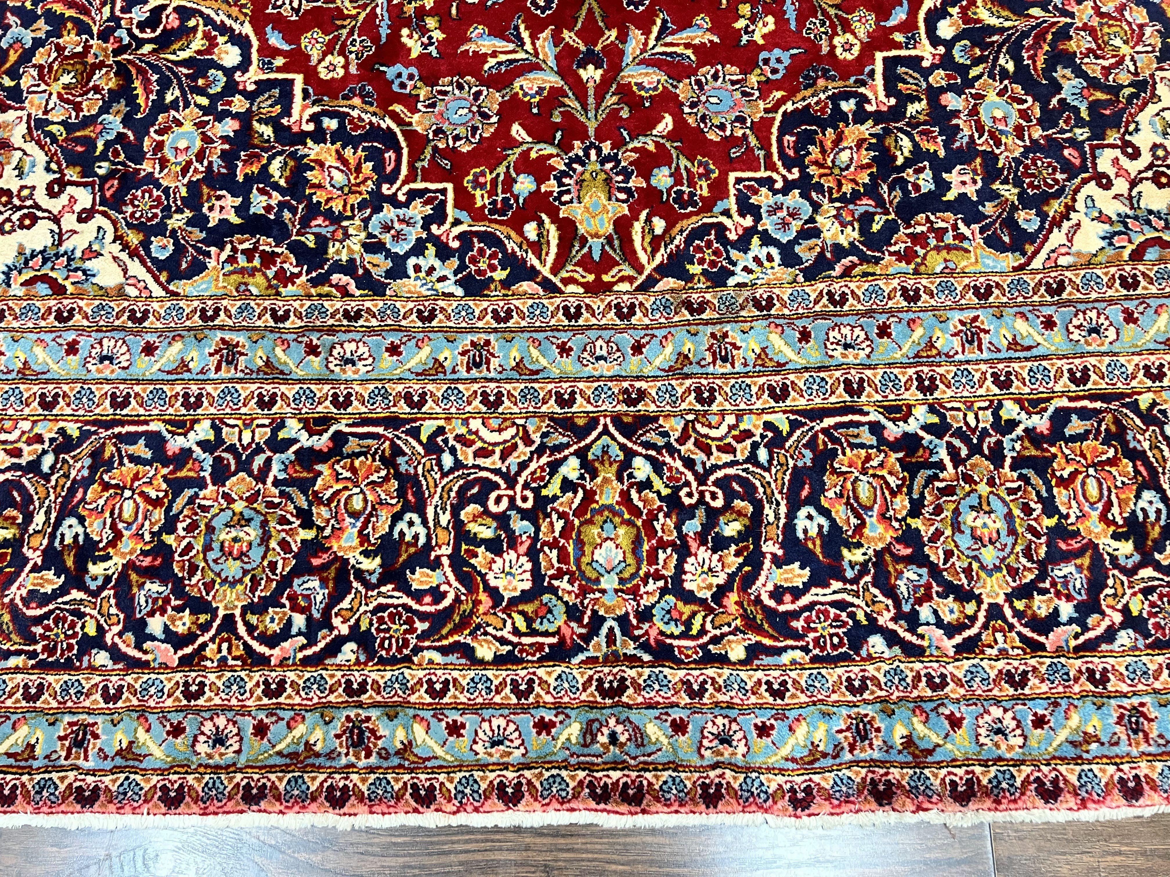 Persian Kashan Rug 10x14, Wool Hand Knotted Vintage Carpet, Red & Navy Blue Floral Allover Rug, Traditional Oriental Rug 10 x 14, Semi Antique - Jewel Rugs