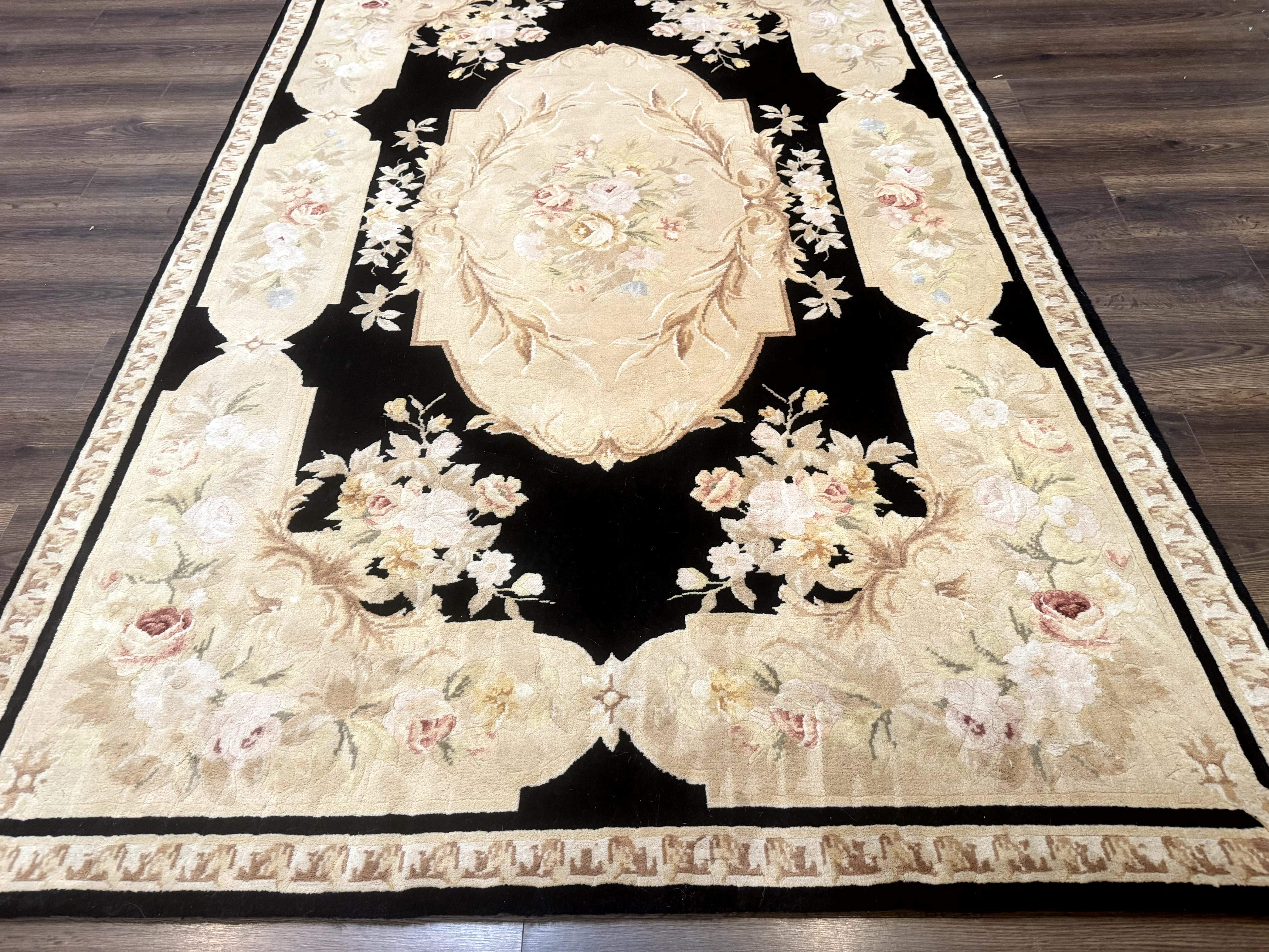 Chinese Aubusson Rug 6x9, Wool Pile, Black, Floral, Elegant - Jewel Rugs