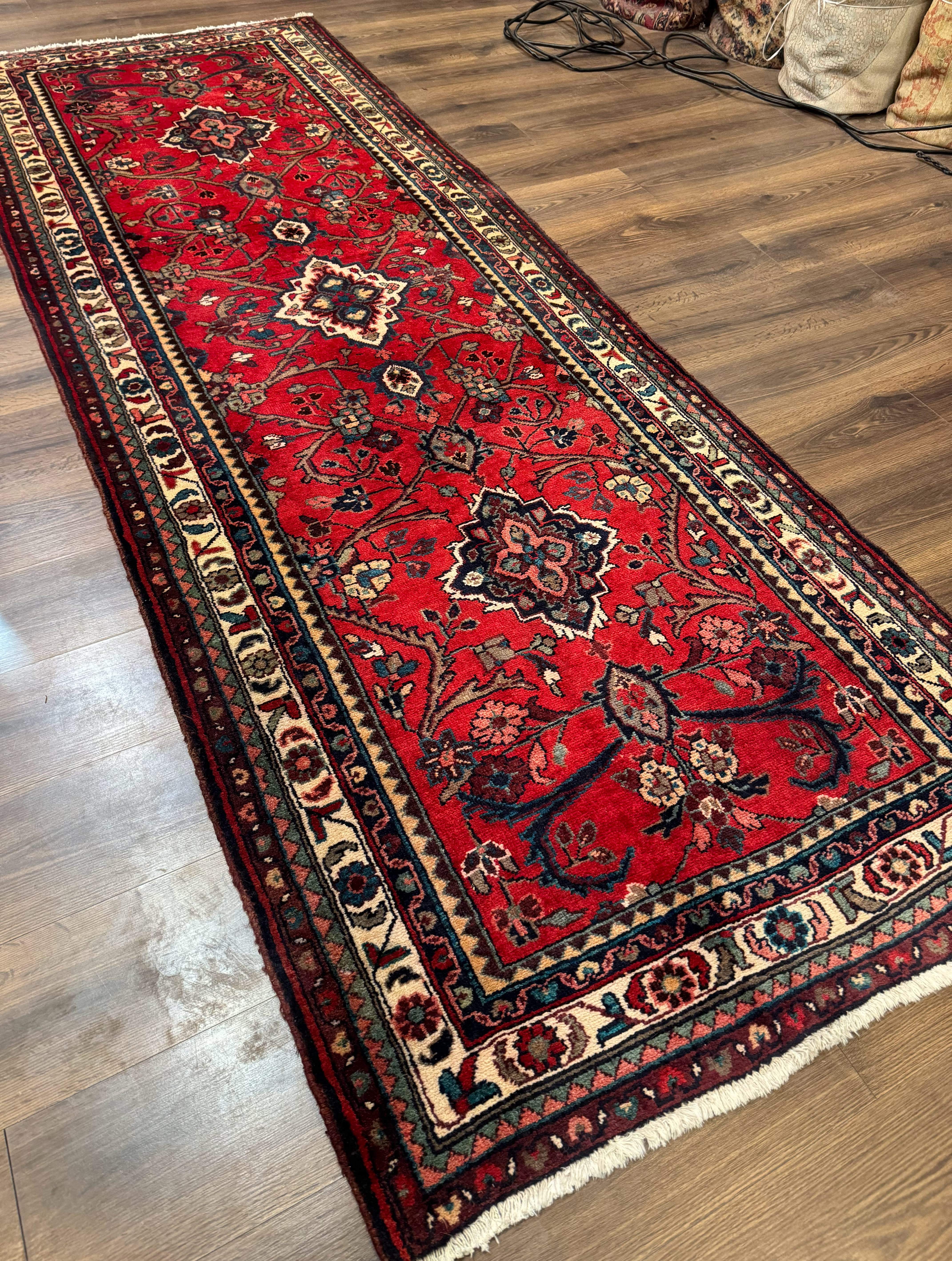 Persian Runner Rug 3.8 x 10, Red, Medallions, Hand Knotted Rug for Hallway, Hamadan Malayer - Jewel Rugs