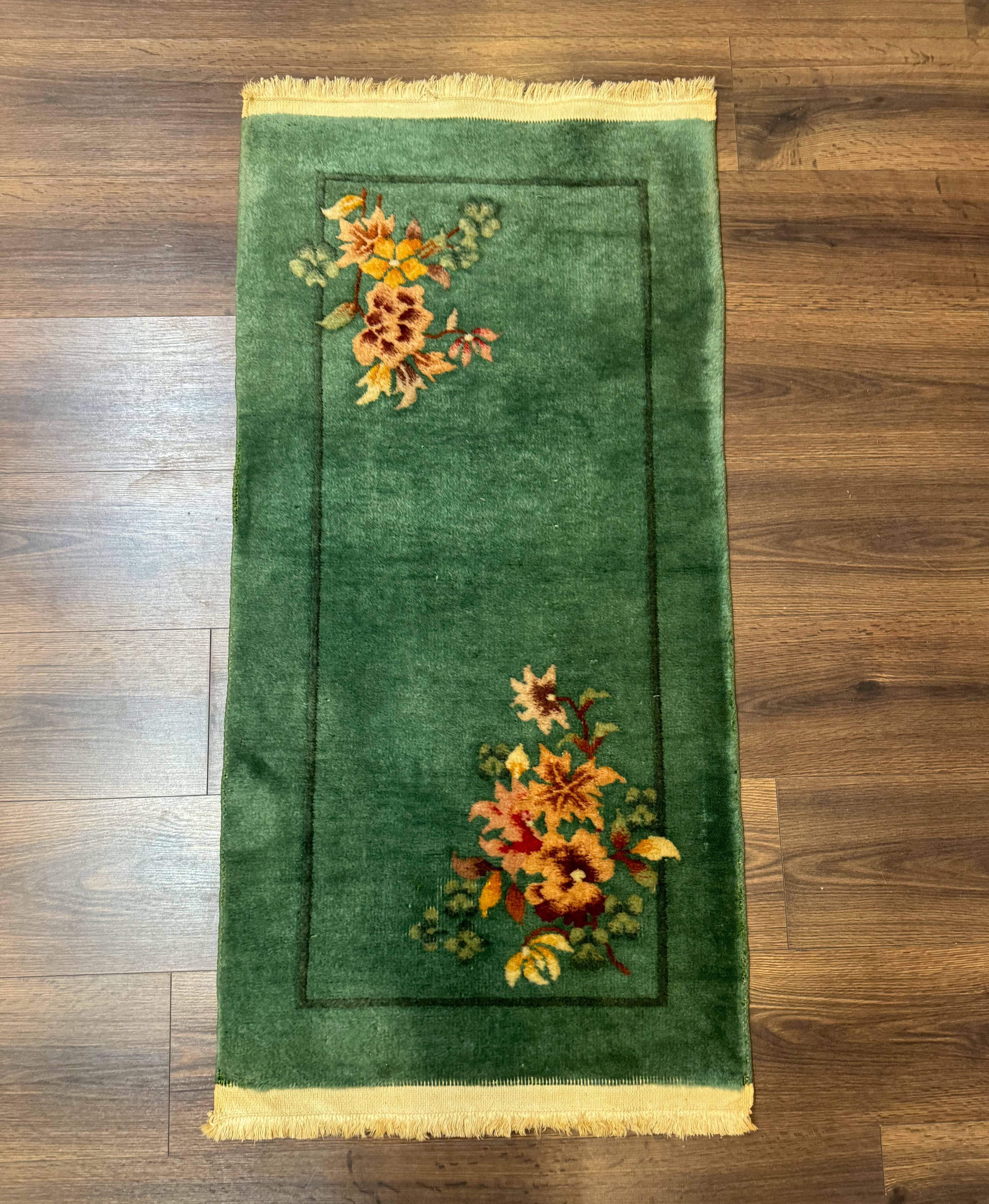 Small Antique Chinese Art Deco Rug 2x4, Green, Nichols Carpet, Wool - Jewel Rugs