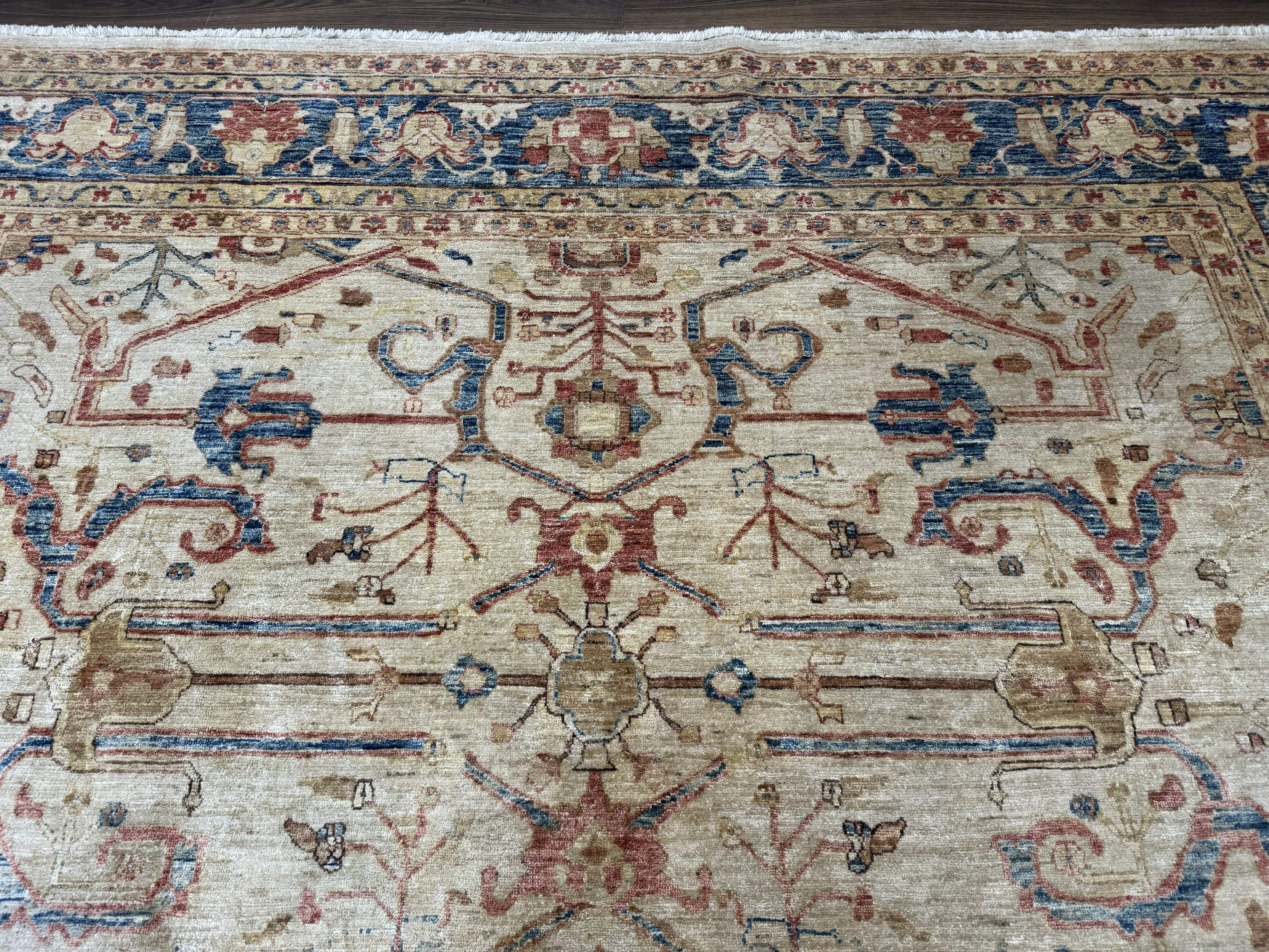 Pakistani Peshawar Rug 10x12 – Tan and Blue, Hand-Knotted Wool Oushak Carpet - Jewel Rugs