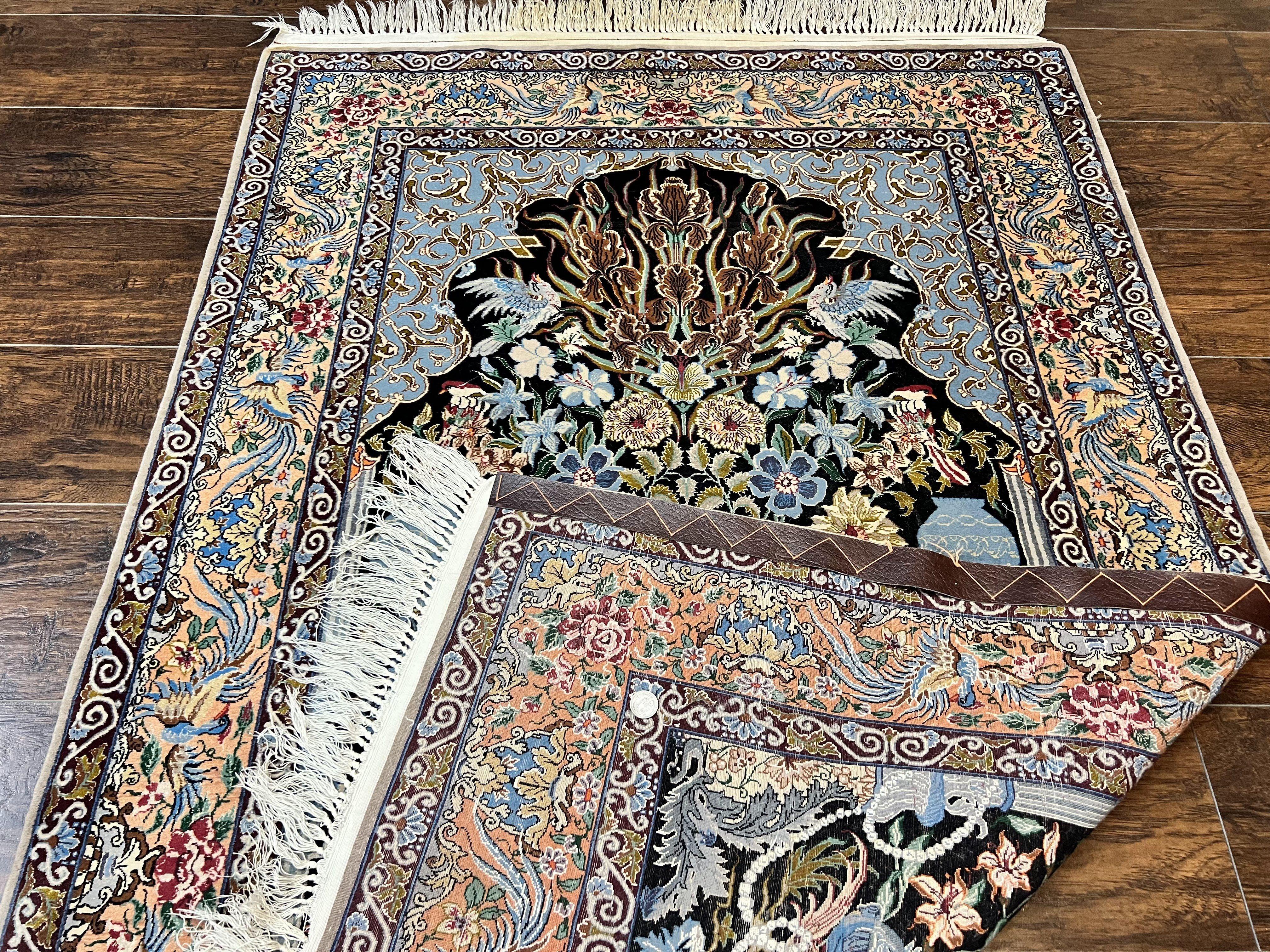 Wonderful Persian Isfahan Rug 3.7 x 5, Kork Wool on Silk Foundation, Very Fine 460 KPSI, Tree of Life Persian Vase Design Animal Pictorials Peacocks - Jewel Rugs