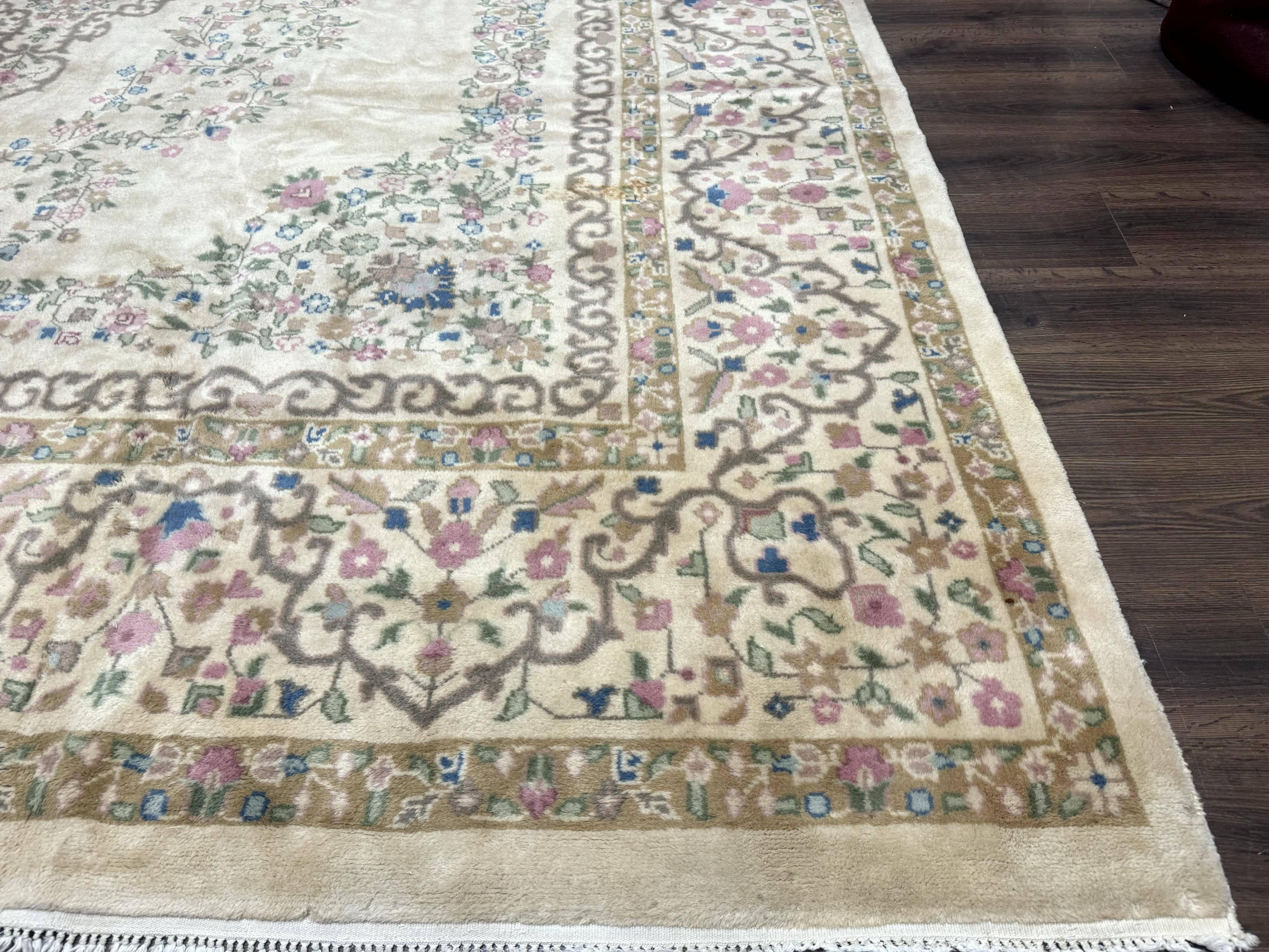 Indo Persian Rug 12x15, Palace Sized Carpet, Oversized Wool Handmade Rug, Kerman Rug, Semi Open Field, Pande Cameron Rug, Beige - Jewel Rugs
