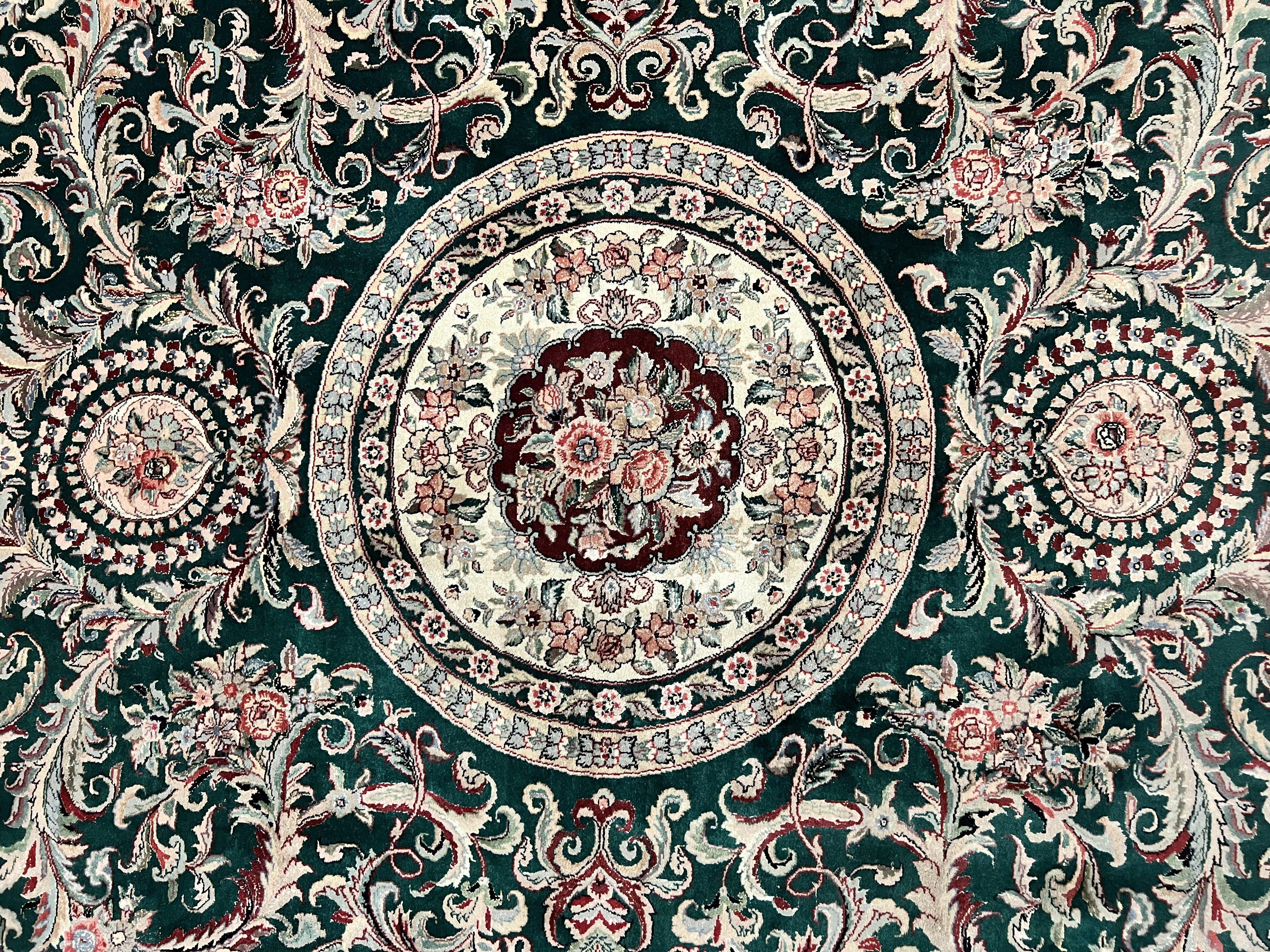 Pak Persian Rug 9x12, Dark Green and Cream, Floral Medallion, Elegant Handmade Wool Carpet 9 x 12 - Jewel Rugs