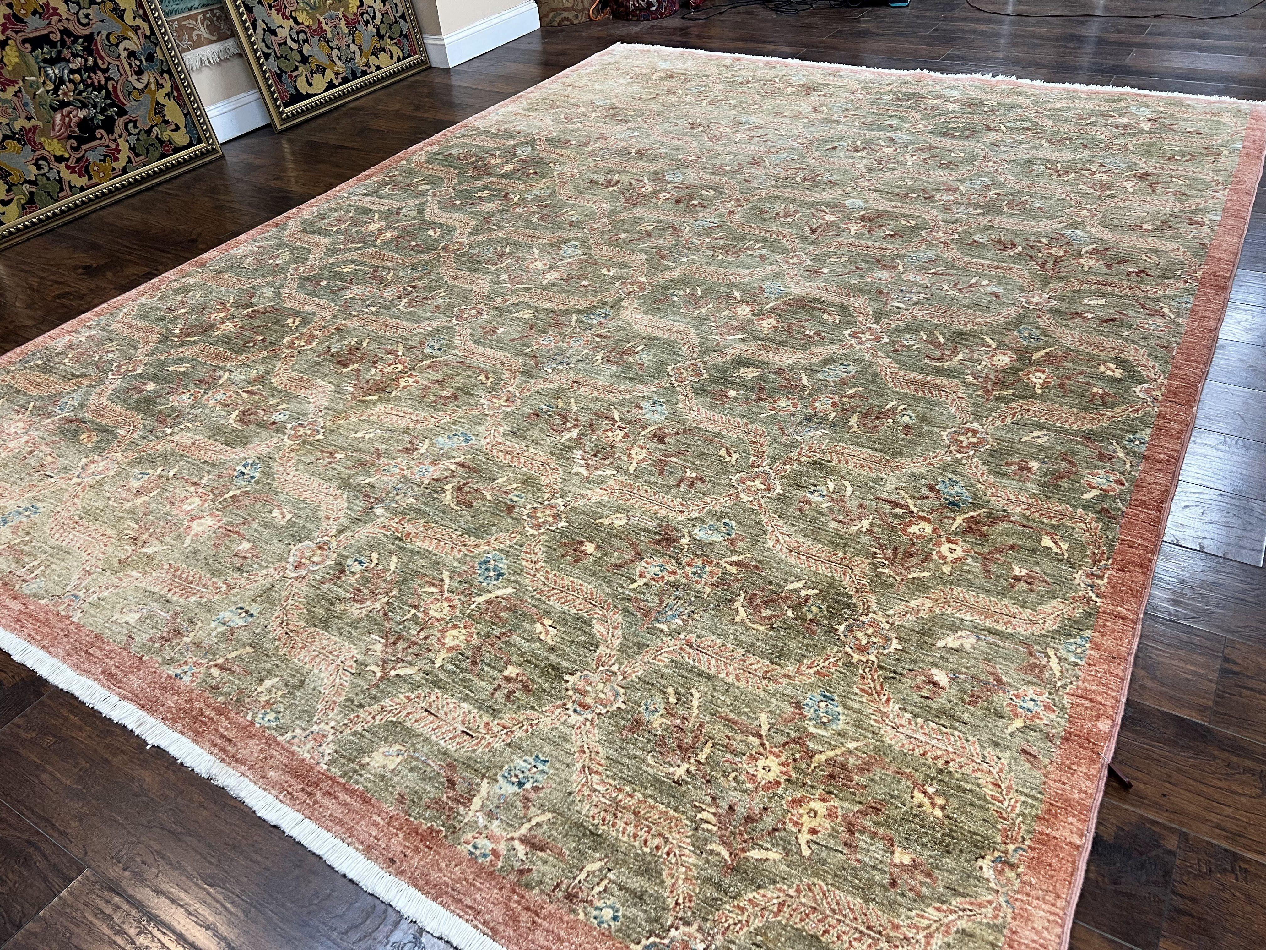 Large Modern Pakistani Rug 9x12, Handmade Wool Carpet, Peshawar Rug, Hand Knotted Oriental Rug, Contemporary, Floral, Light Green - Jewel Rugs