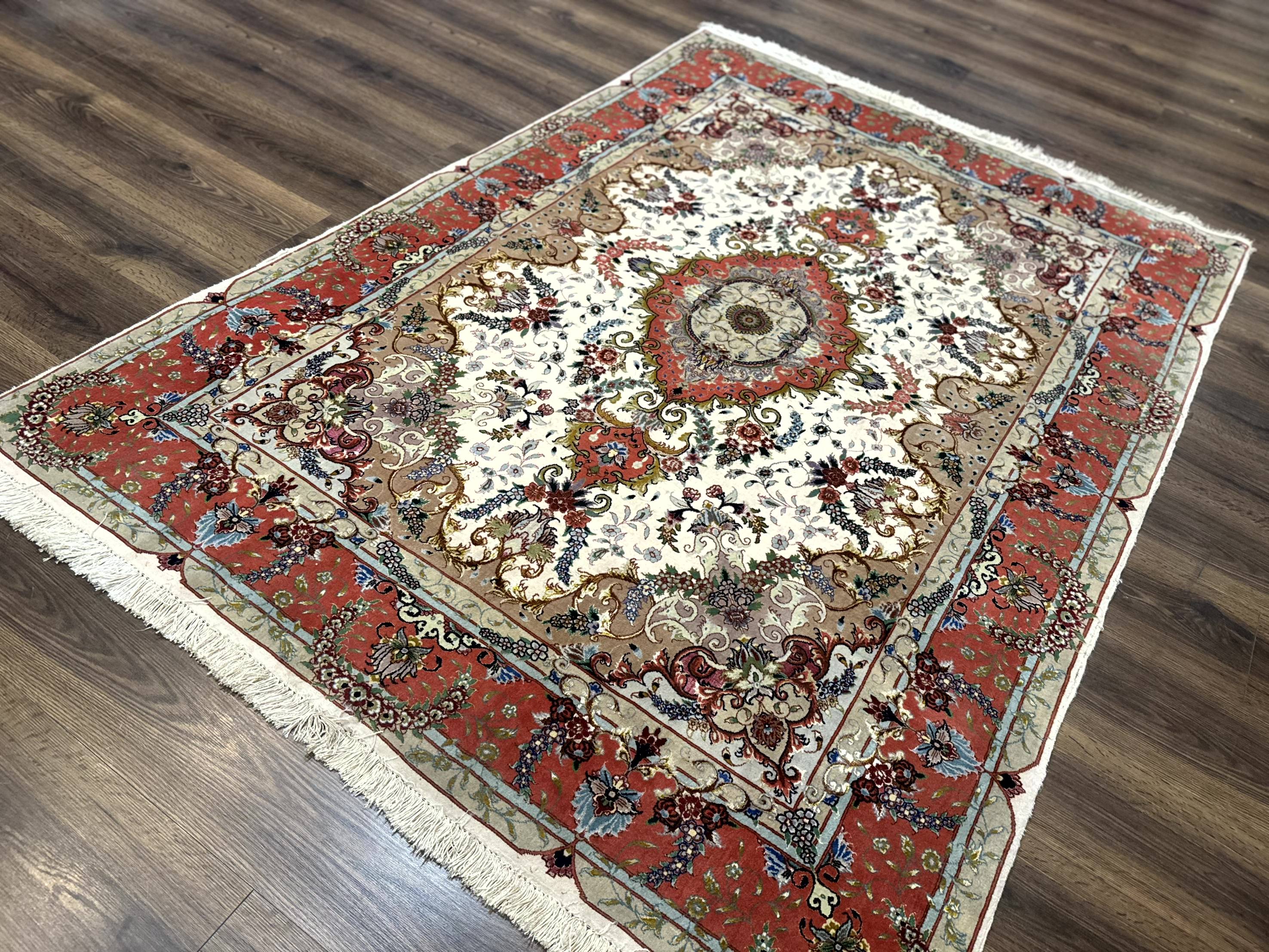 Wonderful Persian Tabriz Rug 5x7, Very Fine 440 KPSI, Ivory and Coral, Rare - Jewel Rugs