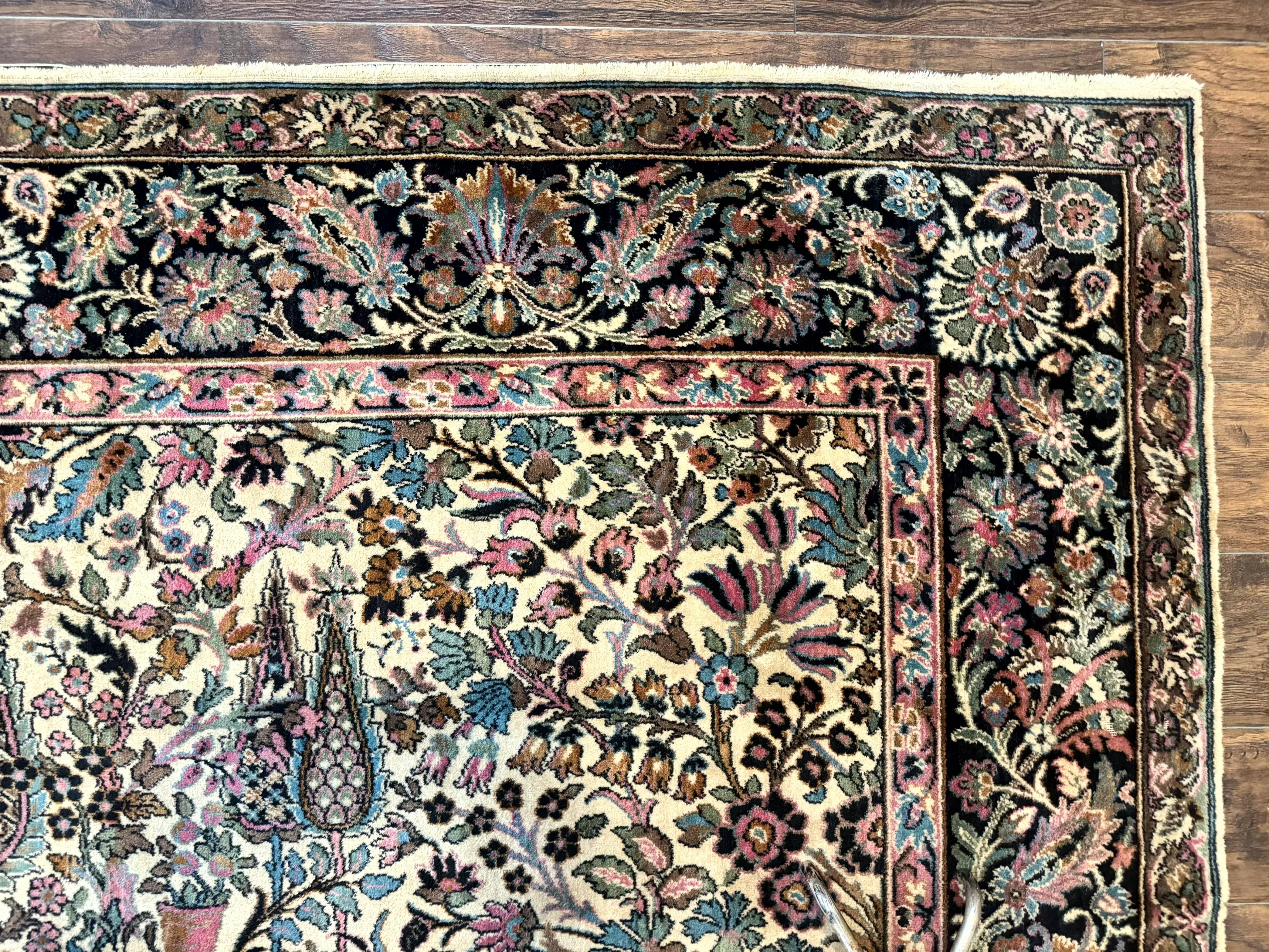 Persian Rug 9x12, Vintage Belgium Power Loomed Rug, Kirman Design, Cream and Navy Blue, Floral Allover Pattern, Wool, Cedar Trees, Gulistan - Jewel Rugs