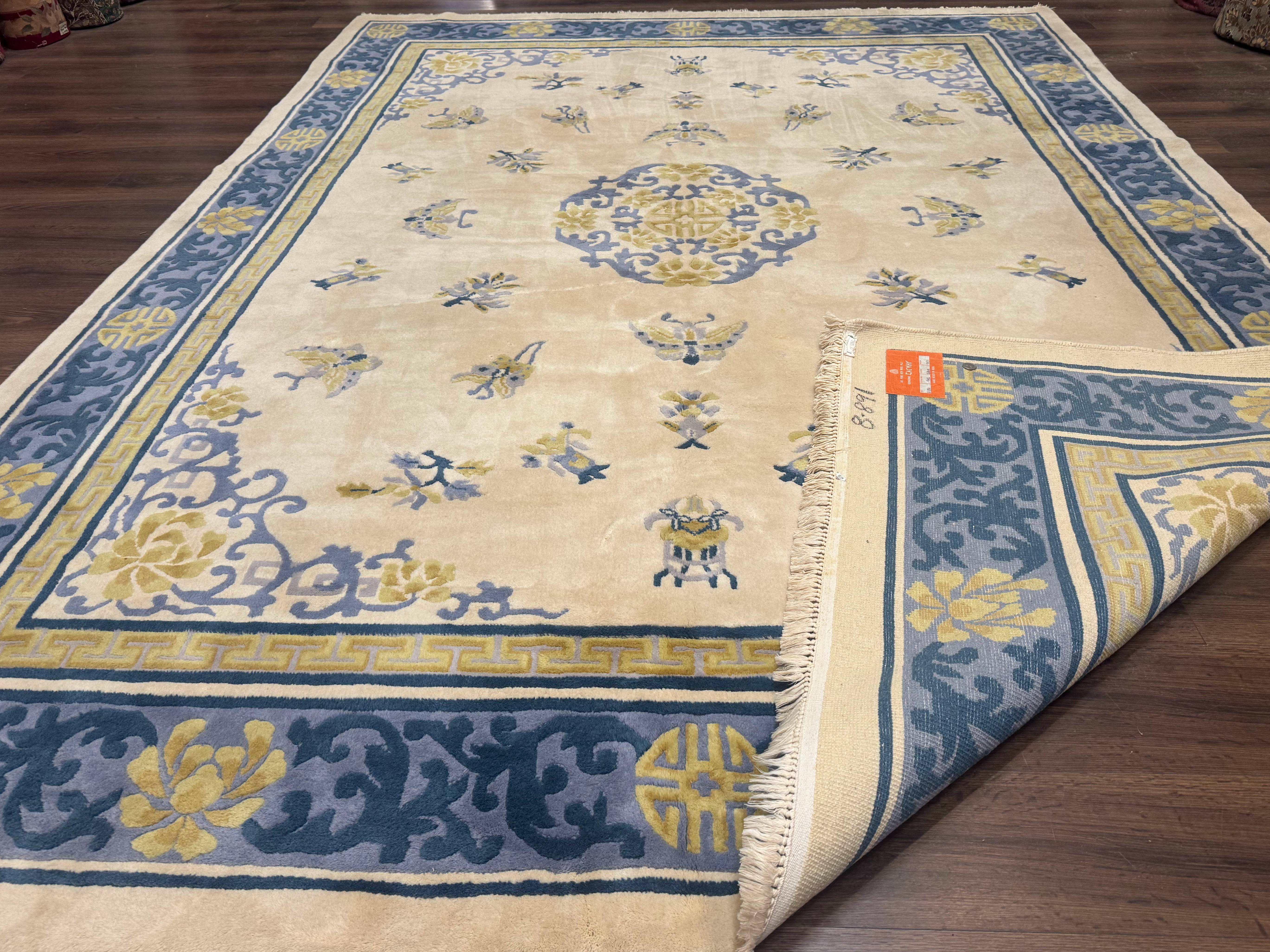 Indo Chinese Wool Rug 9x12 Beige Blue Butterflies Flowers - Jewel Rugs