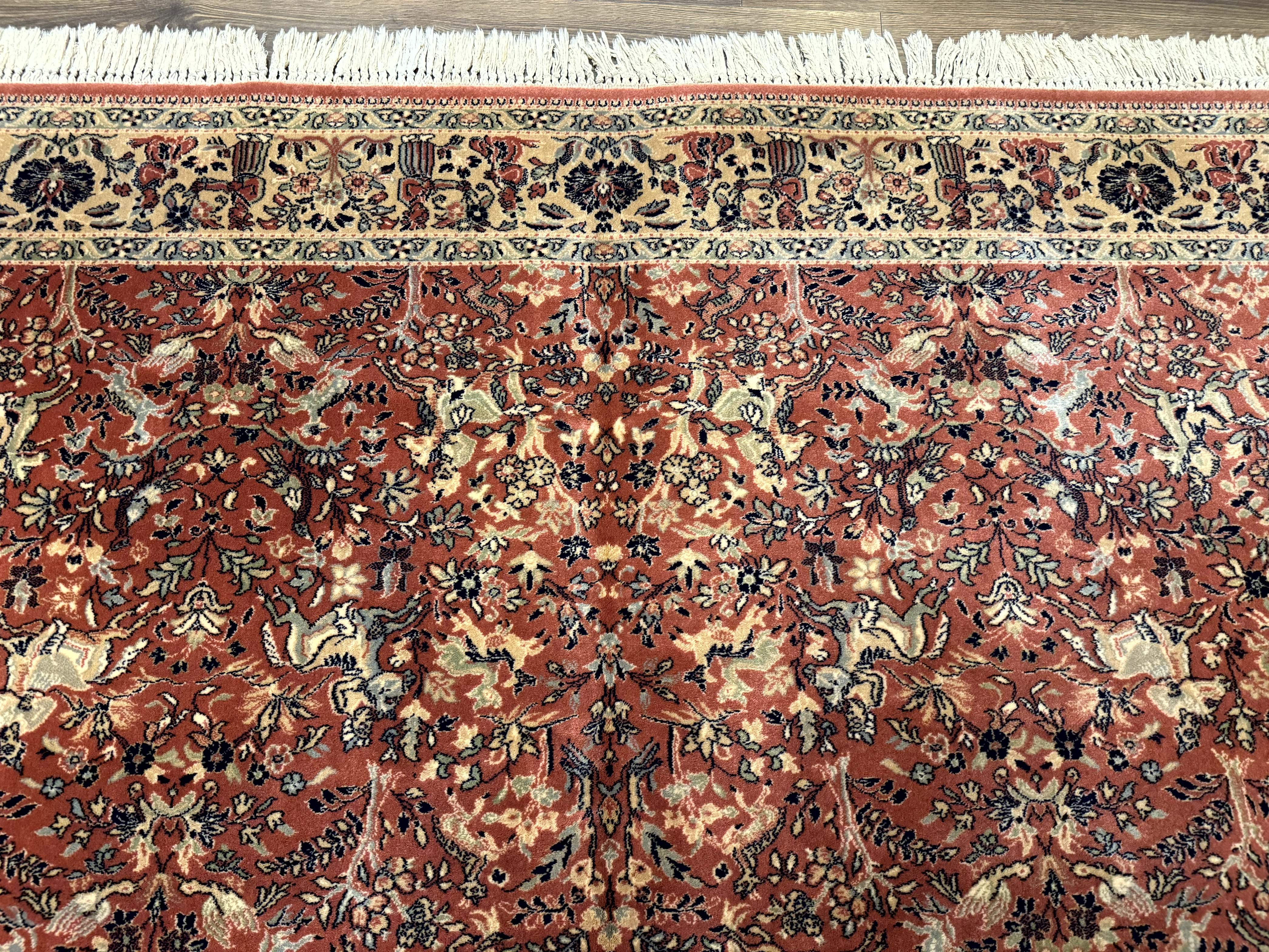 Persian Area Rug 8 x 11.6, Wool, Royal Hunting Scene, Vintage Couristan Rug, Red, Allover Pattern, Belgium Power Loomed - Jewel Rugs