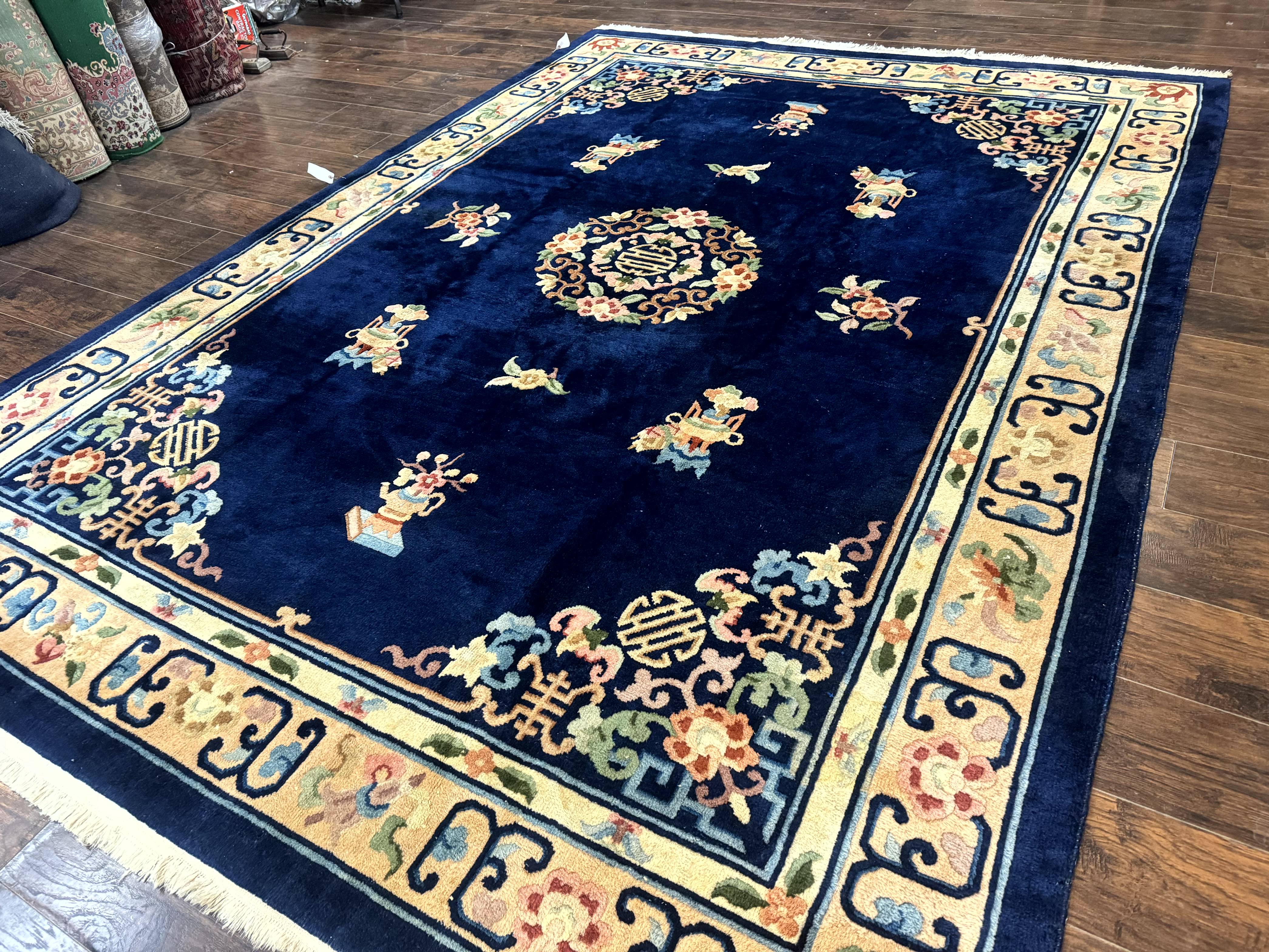 Chinese Wool Rug 8x11, Navy Blue and Beige, Simple Design, Fete Carpet - Jewel Rugs