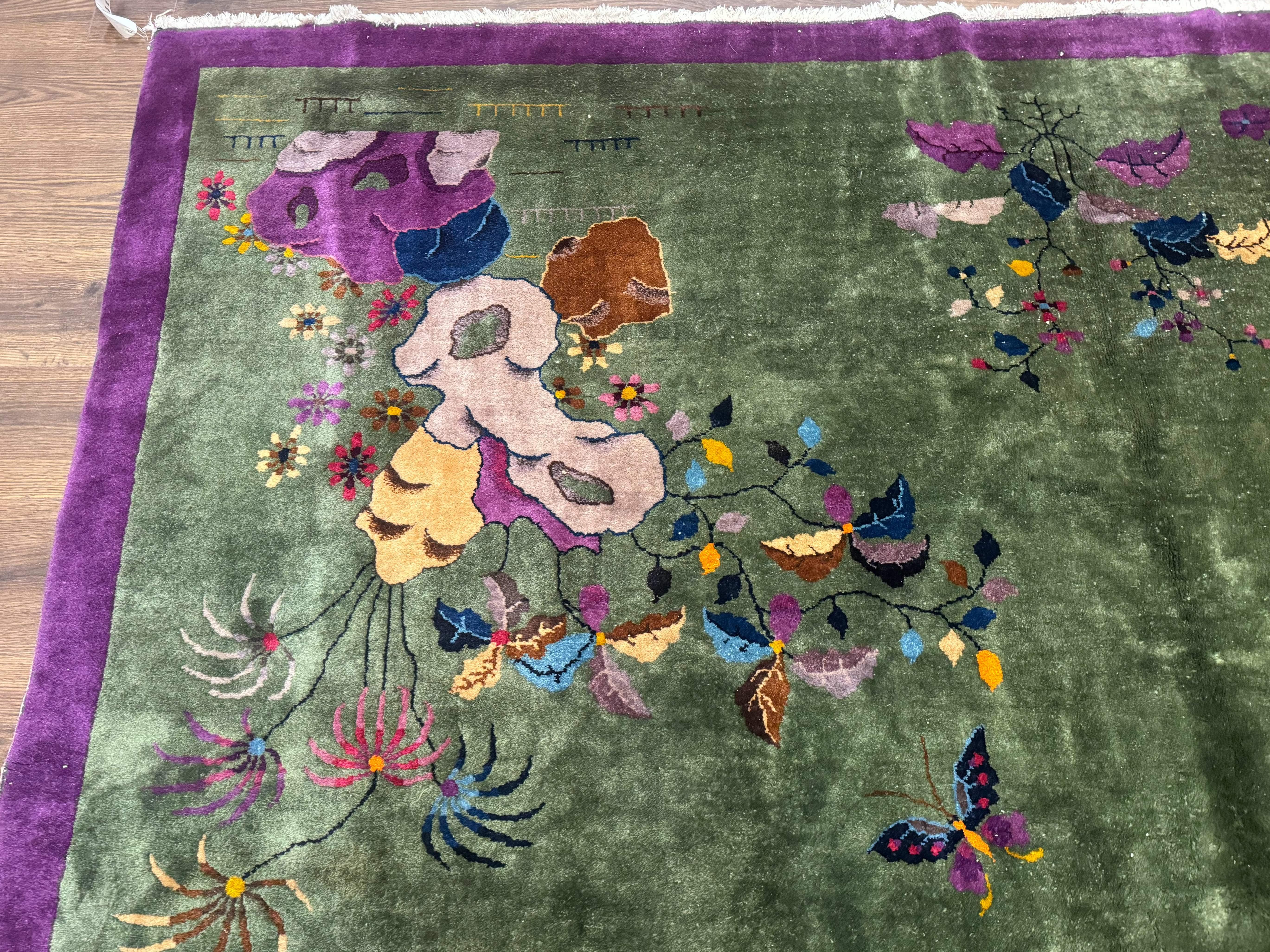 Antique Chinese Nichols Rug 9x12 - Rare Green and Purple Art Deco Carpet - Jewel Rugs