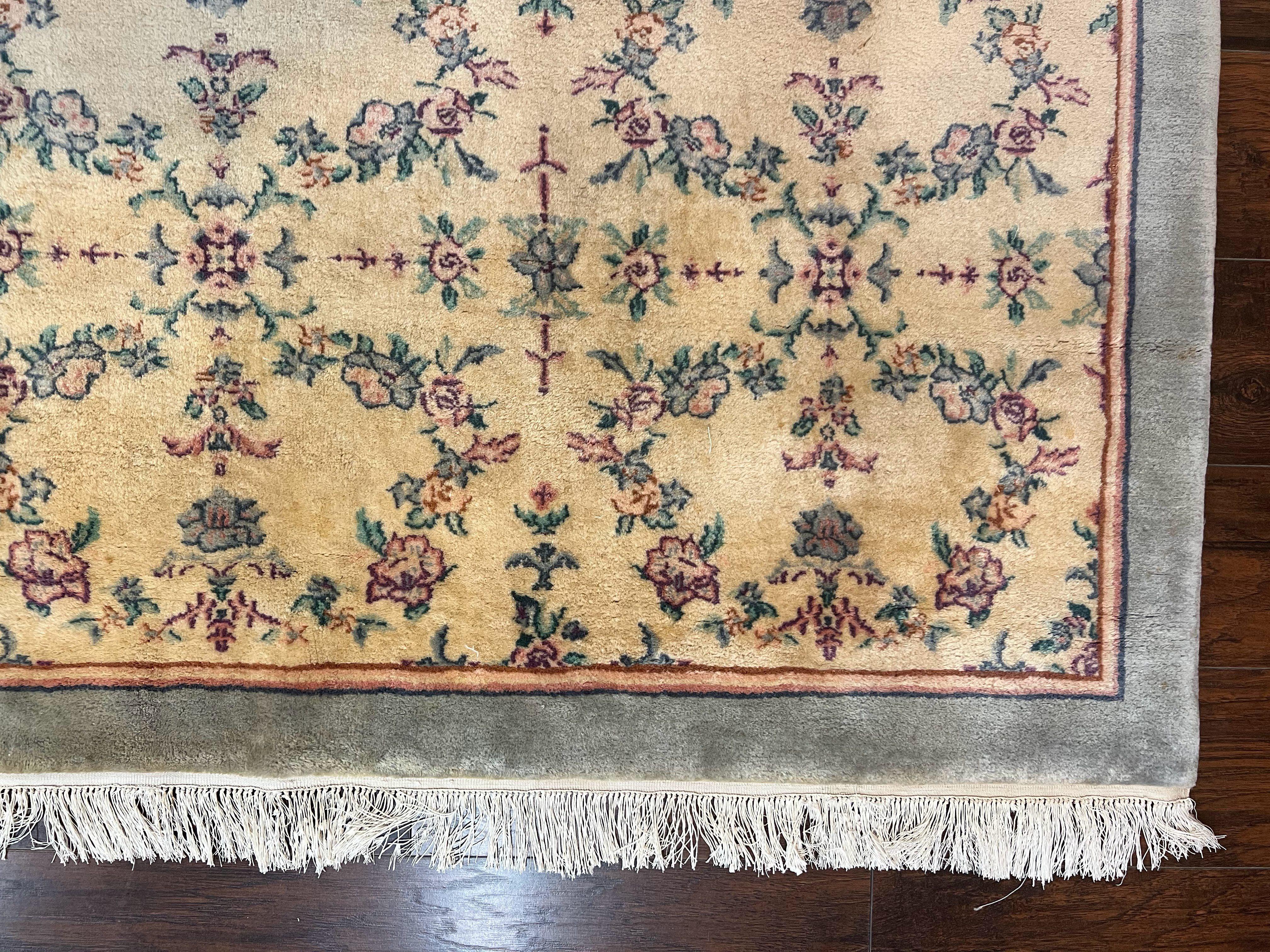 Sino Persian Rug 8x10, Floral, Oatmeal and Light Teal, Handmade Wool Vintage Carpet - Jewel Rugs