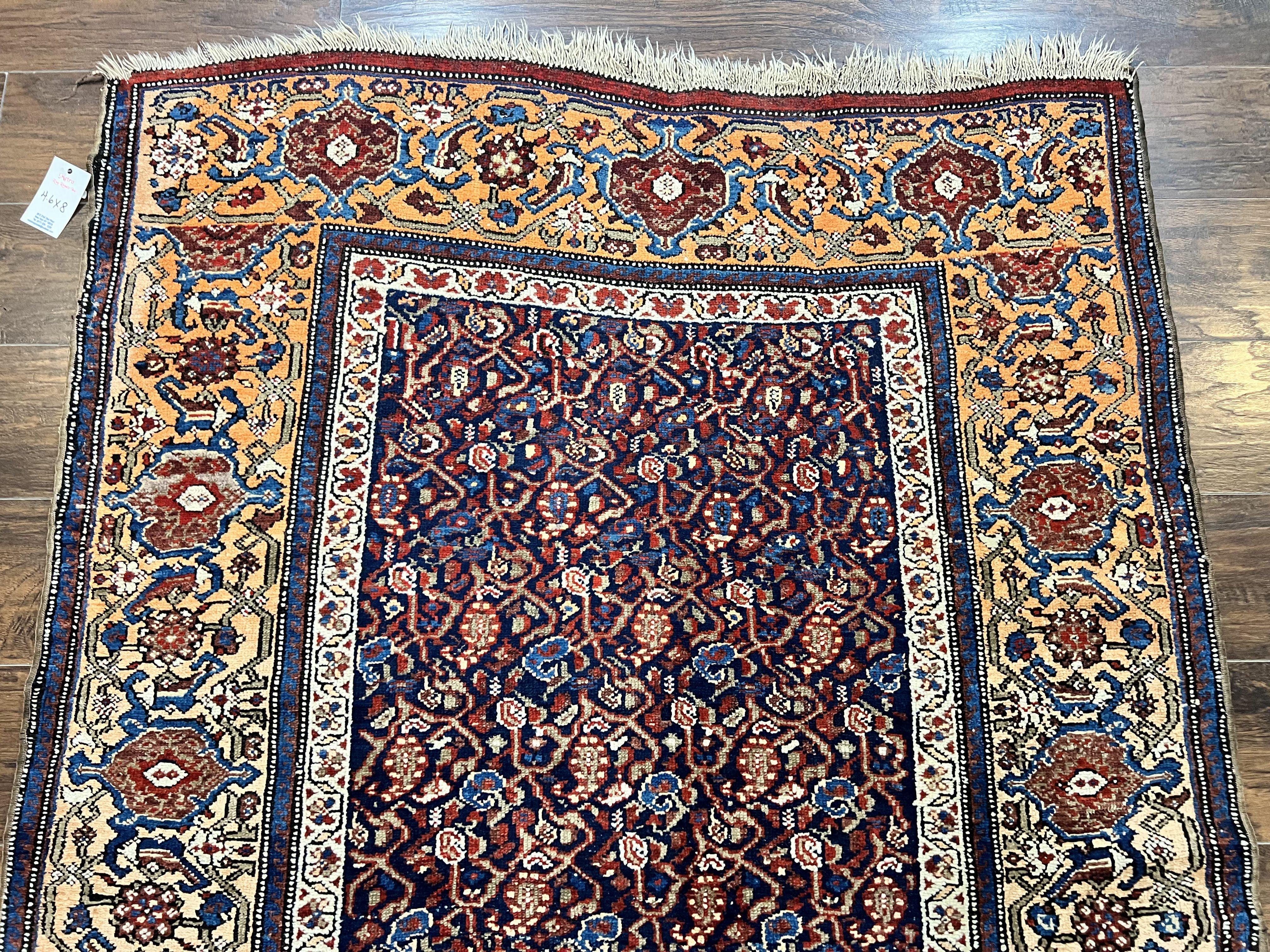 Persian Senneh Rug 4x8, Wool Hand Knotted Antique Kurdish Carpet, Navy Blue Oriental Area Rug, 4 x 8 Rug - Jewel Rugs