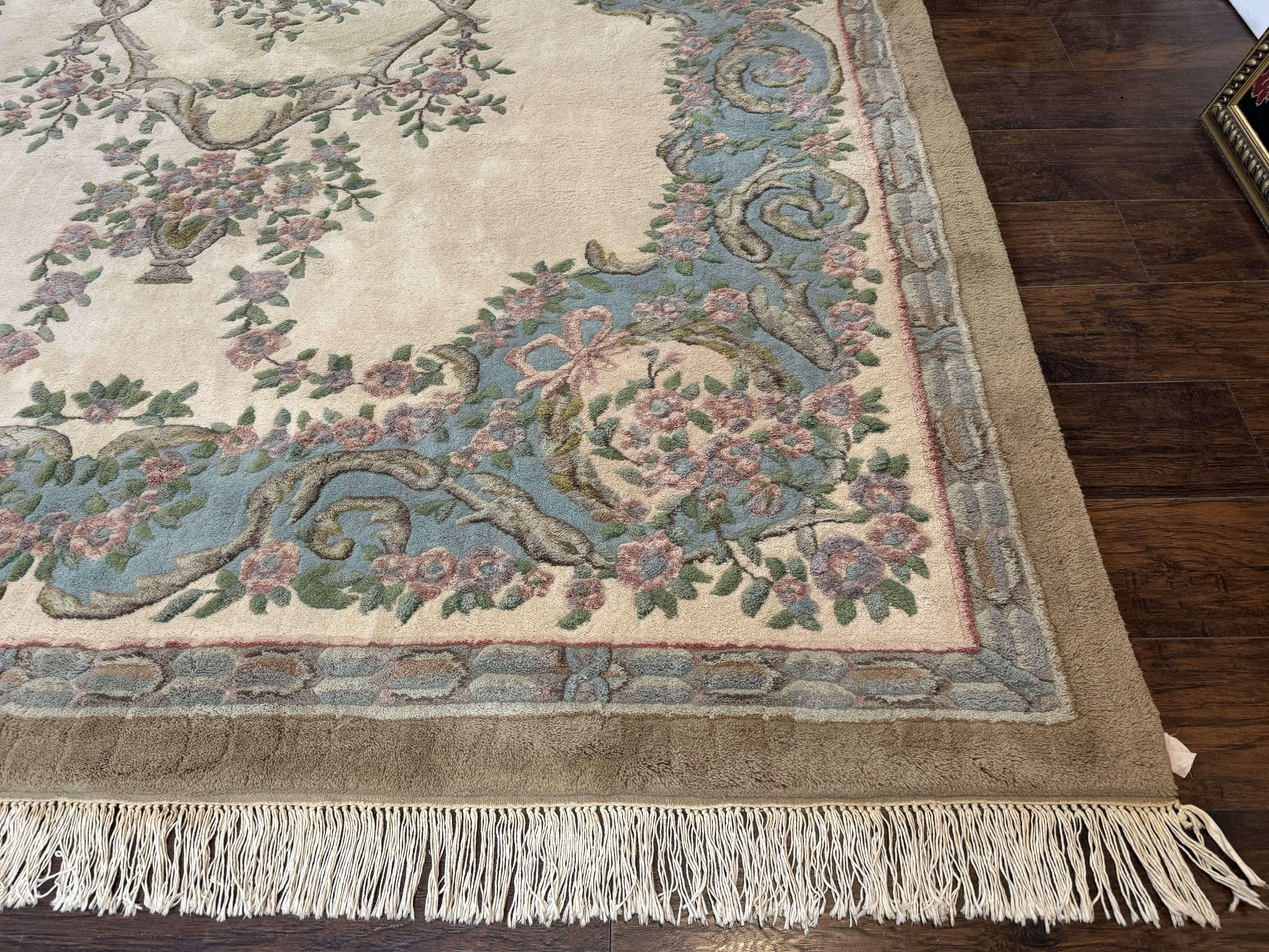 Indo Chinese Aubusson Rug 9x12, Beige and Light Blue, European Design, Wool Area Rug - Jewel Rugs