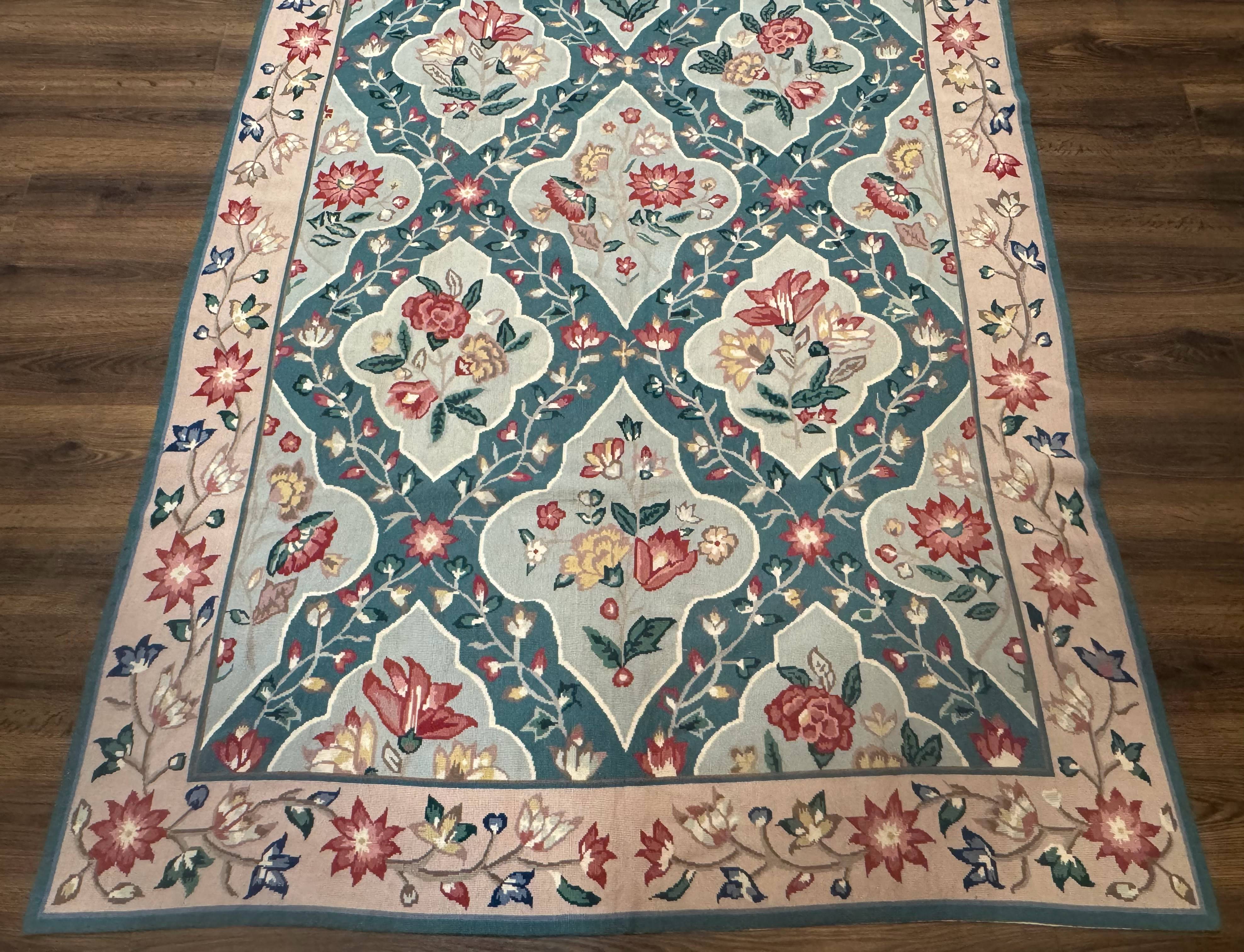 Teal Needlepoint Rug 6x9, Panel Design, Floral Bouquets, Handmade - Jewel Rugs