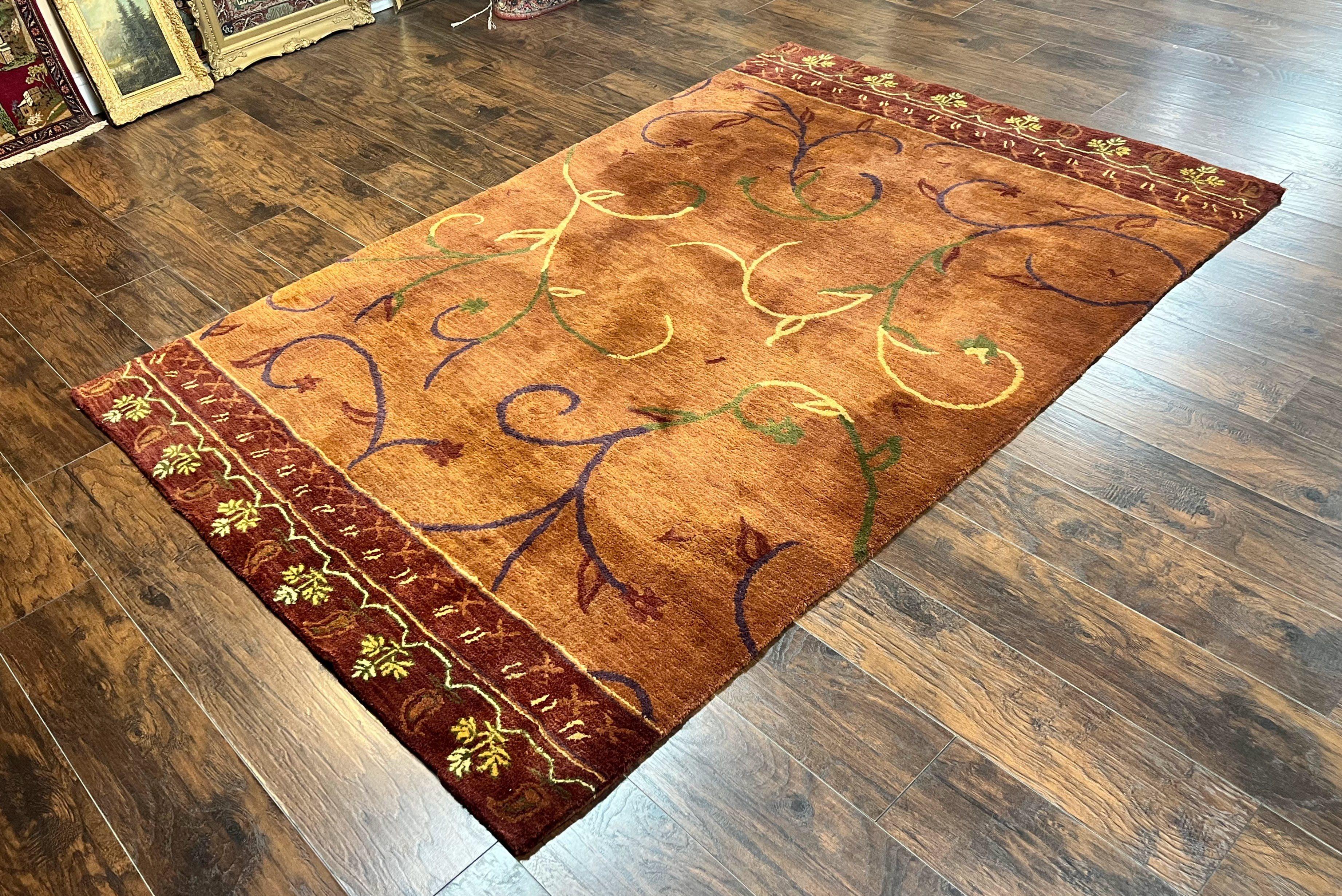 Pottery Barn Rug 5x8, Vintage Hand Tufted Carpet, Wool and Silk, Rust & Maroon - Jewel Rugs