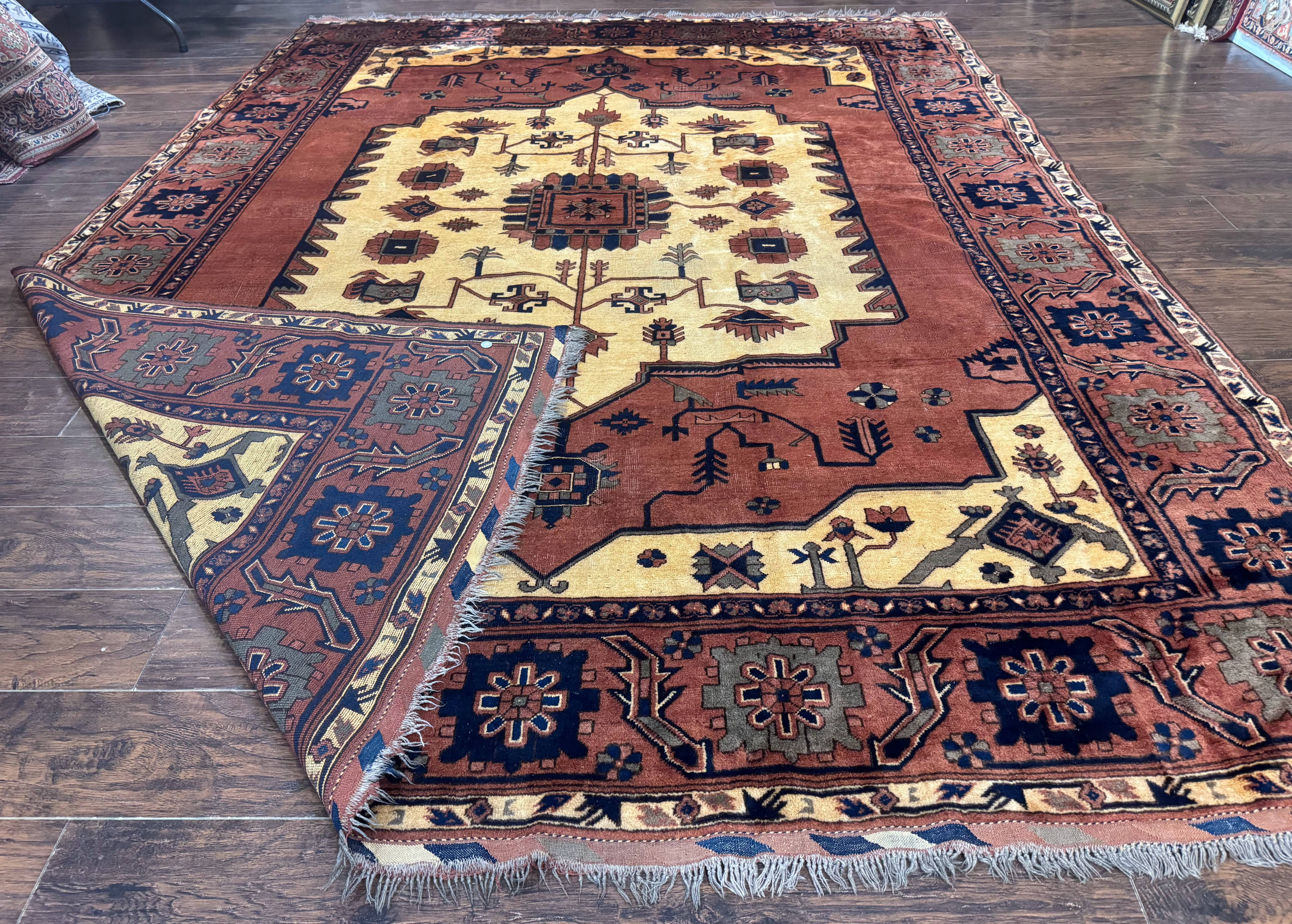 Afghan Heriz Rug 9x12, Tribal Geometric Serapi Carpet, Rust Cream and Navy, Wool on Wool - Jewel Rugs