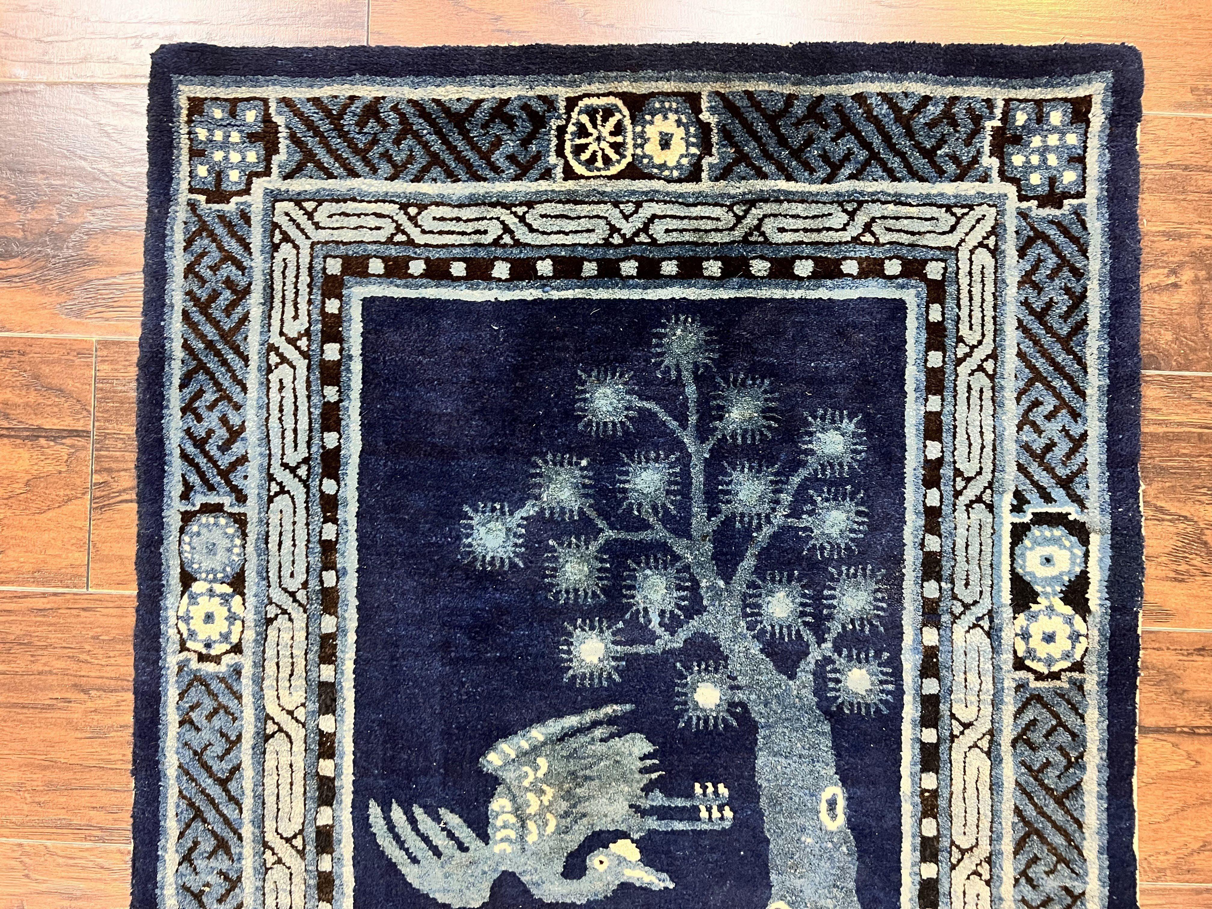 Antique Chinese Peking Rug 3x5, Dark Blue Chinese Wool Rug 3 x 5, Animal Pictorials Deer Birds, Handmade Asian Oriental Chinese Carpet - Jewel Rugs