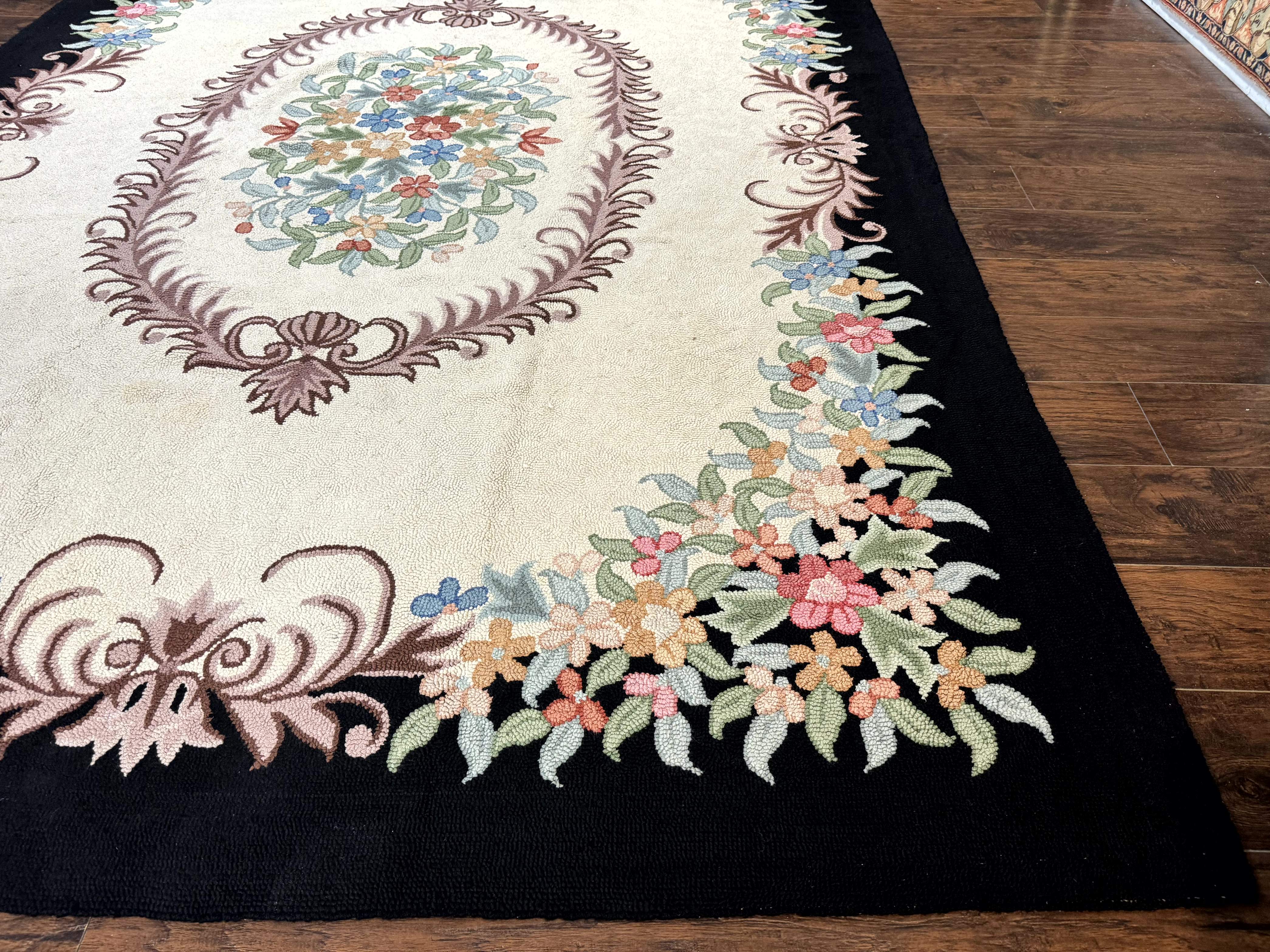 Large American Hooked Rug 8x11, Vintage Ivory Black Floral Carpet - Jewel Rugs