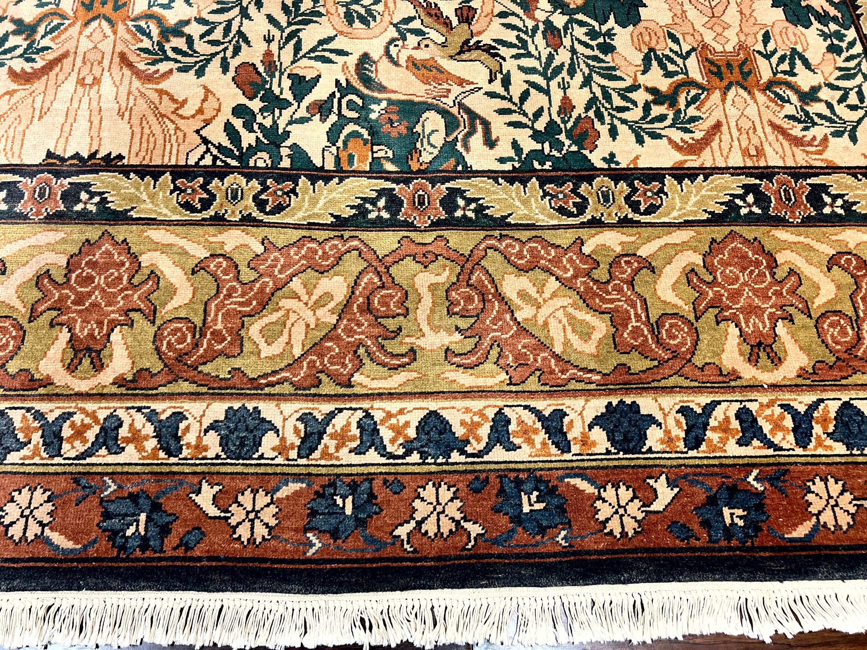 10x13 Wool Rug, Floral Pattern, Birds, Handmade Vintage Carpet, Couristan Rug, Beige - Jewel Rugs