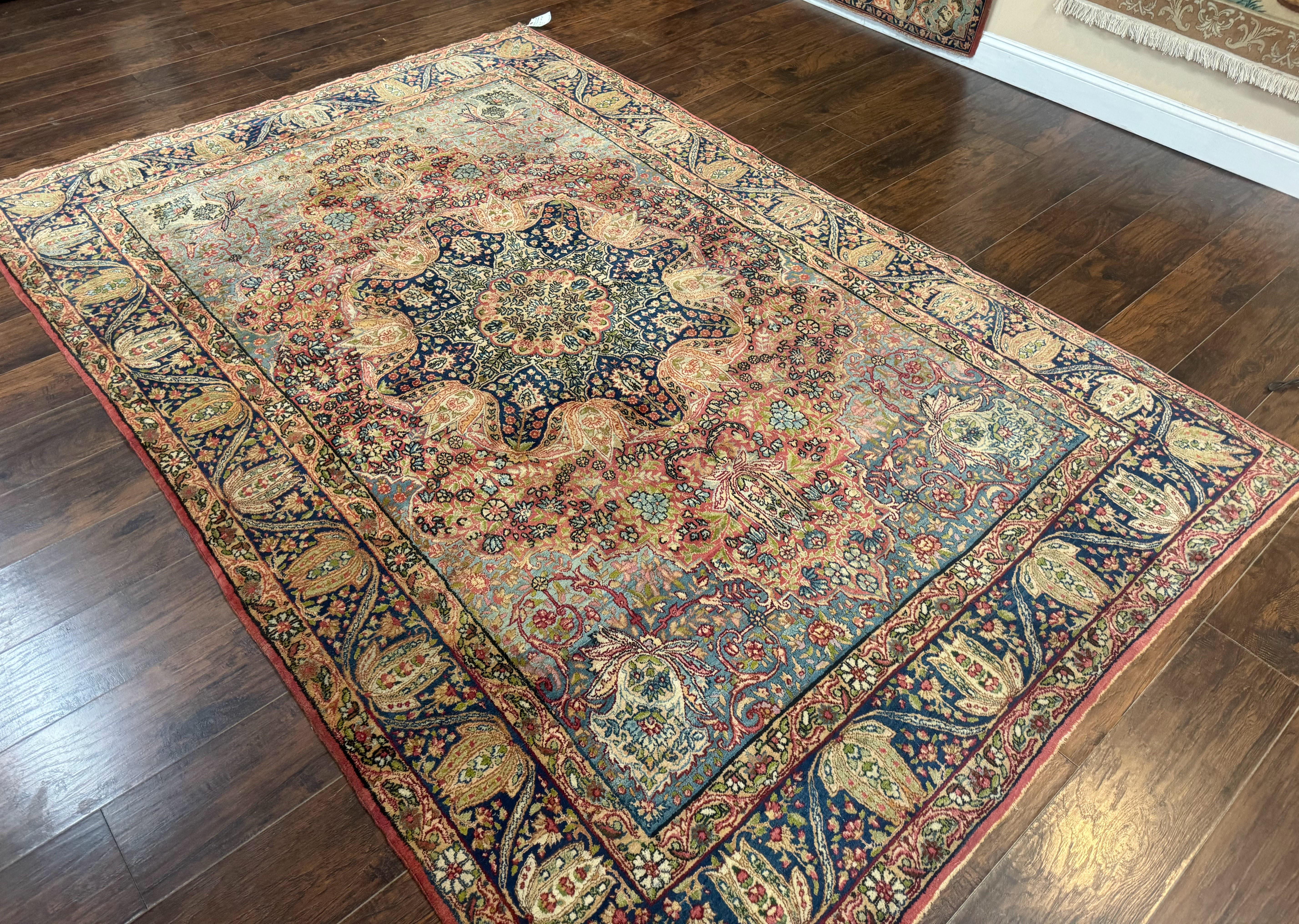 Antique Persian Kerman Lavar Rug 6x10, Colorful Navy Blue Red Light Blue, Floral, Multicolor, Very Fine, Handmade, 225 KPSI - Jewel Rugs