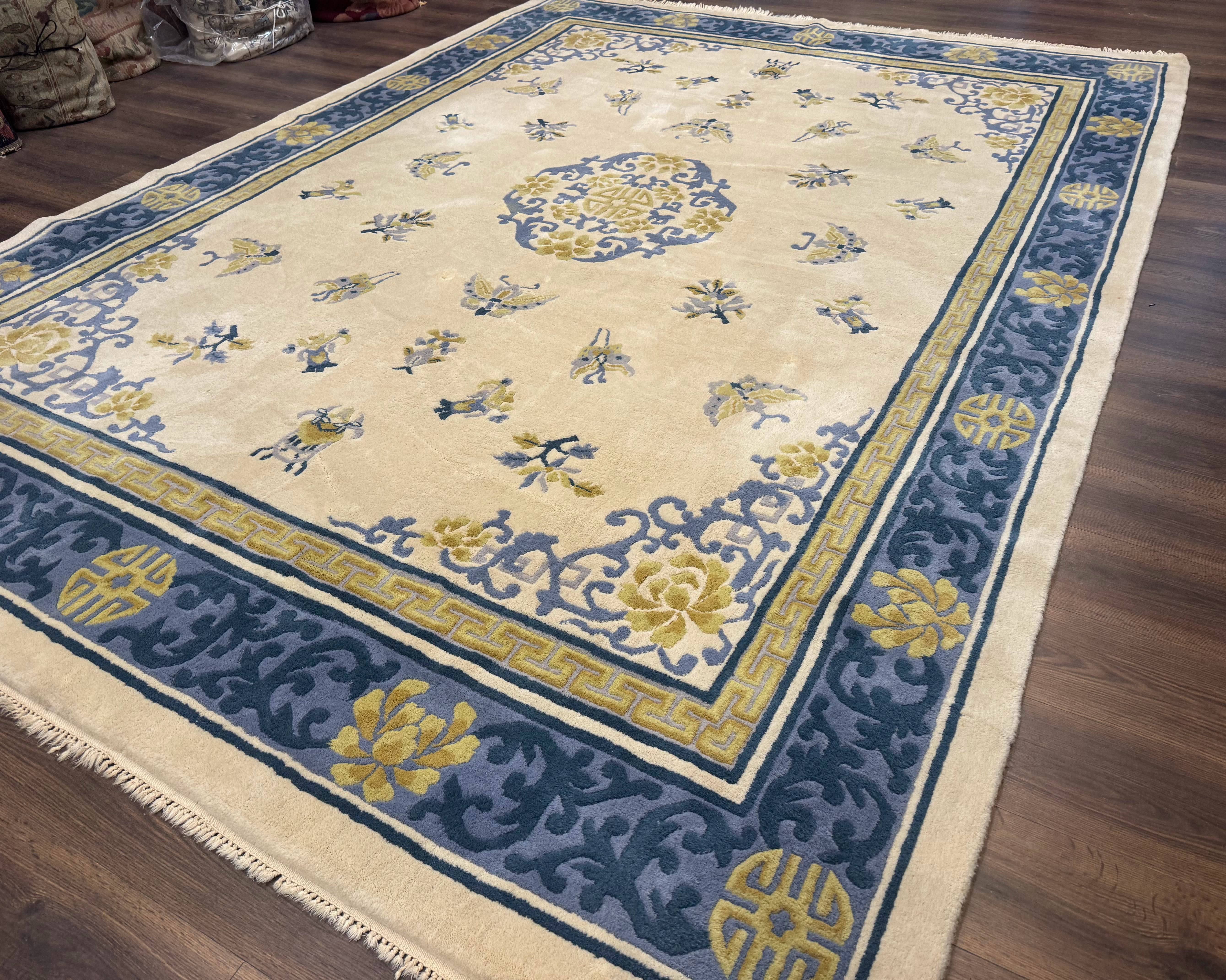 Indo Chinese Wool Rug 9x12 Beige Blue Butterflies Flowers - Jewel Rugs