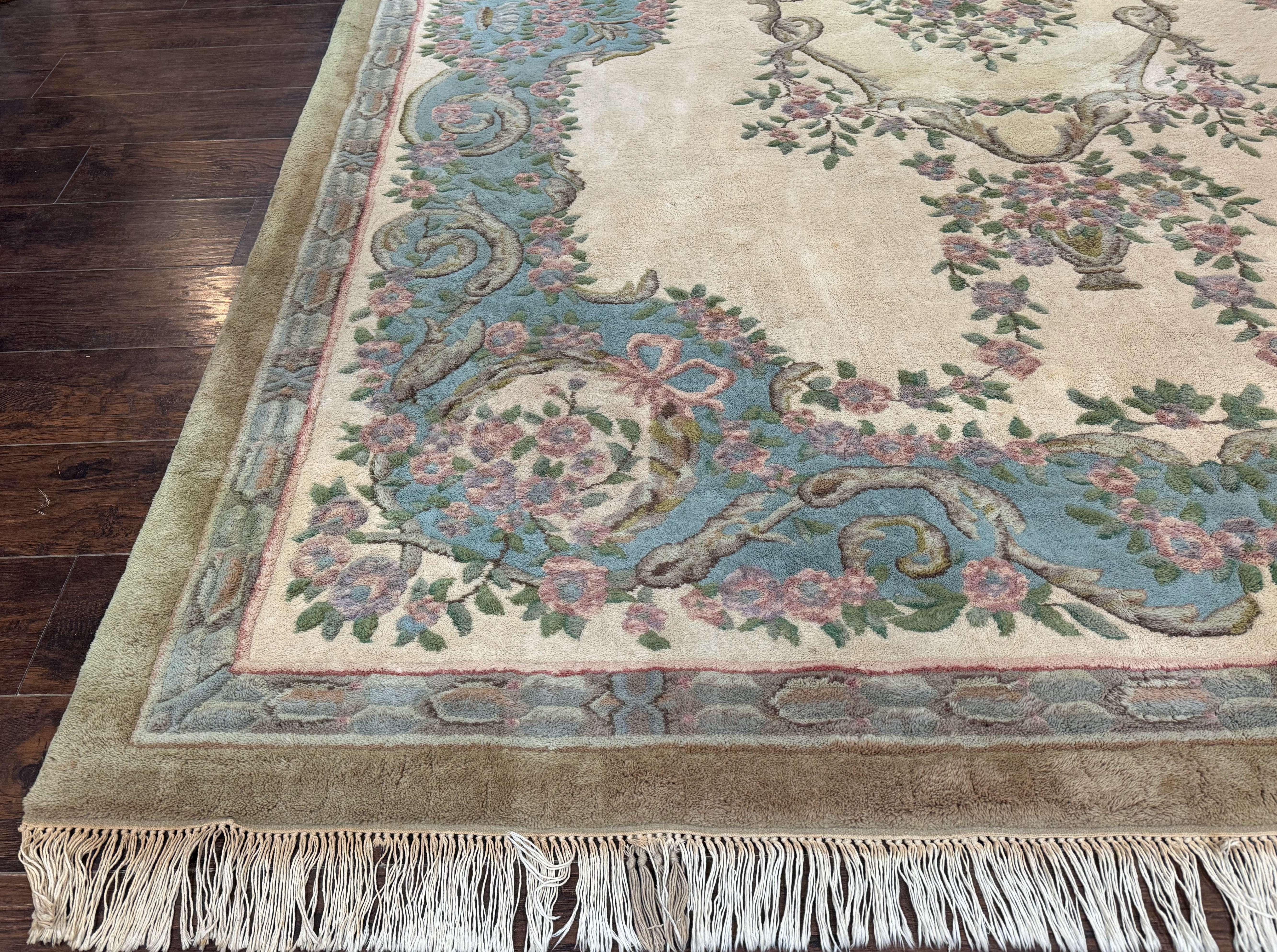 Indo Chinese Aubusson Rug 9x12, Beige and Light Blue, European Design, Wool Area Rug - Jewel Rugs