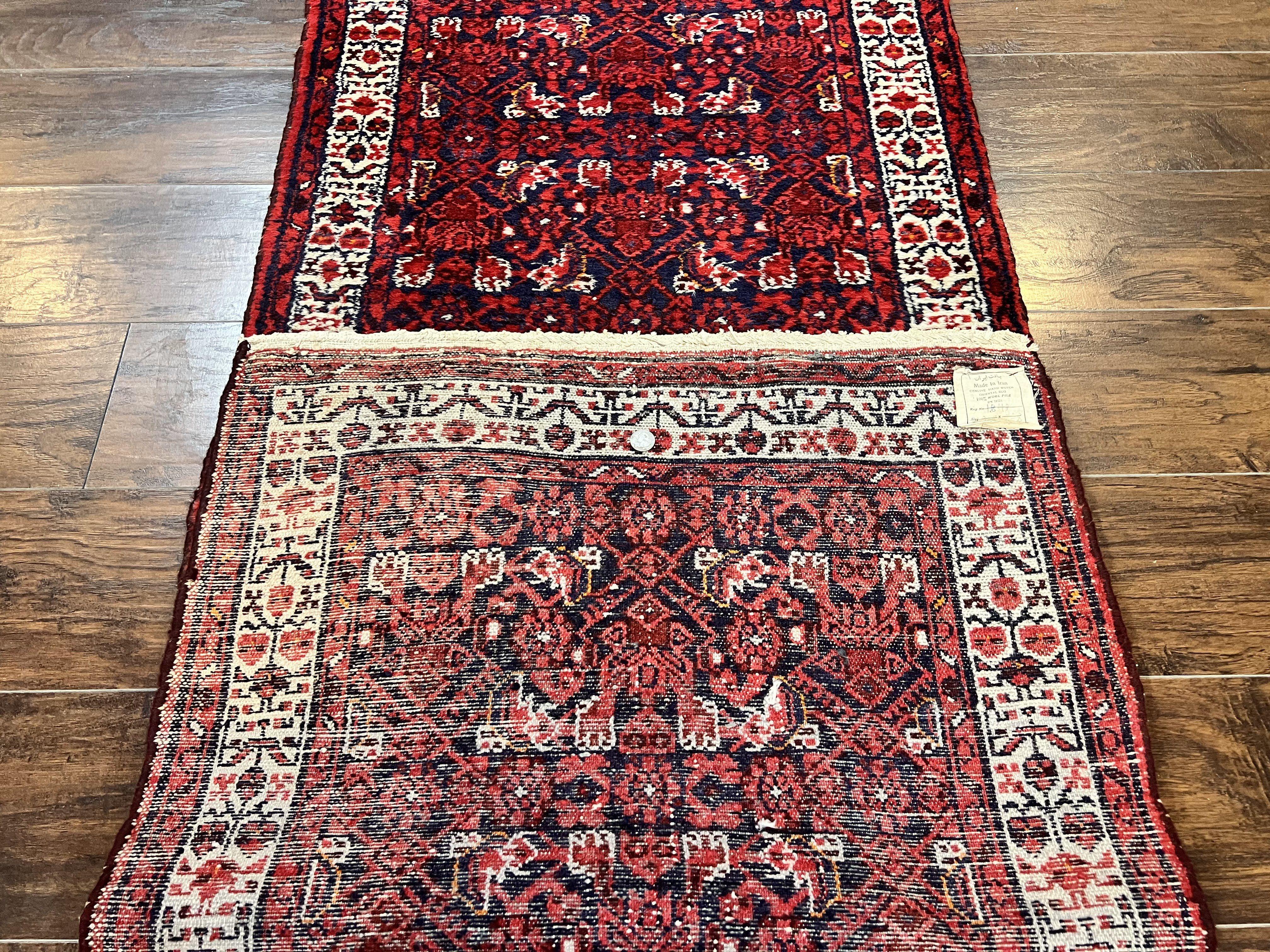 Persian Tribal Runner 3 x 9, Hamadan Dargazin Rug, Dark Blue and Red Wool Hand Knotted Hallway Rug, Vintage Antique Oriental Runner, 9ft Long Runner, Herati - Jewel Rugs