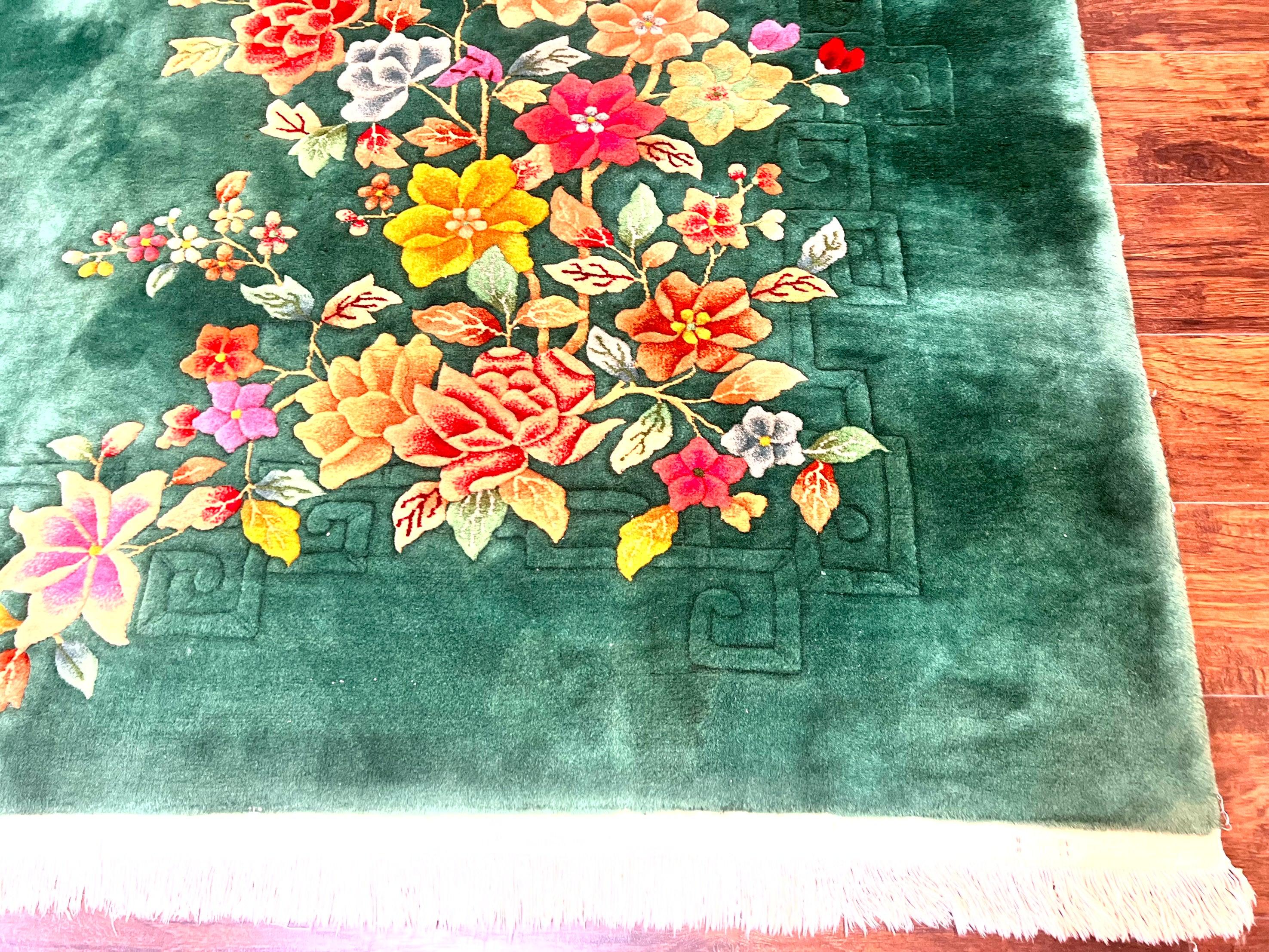 Green Chinese Art Deco Rug 9 x 11.6, Simple Design, Floral, Chinese Wool Carpet, Vintage Semi Antique, Nichols Rug, Handmade - Jewel Rugs