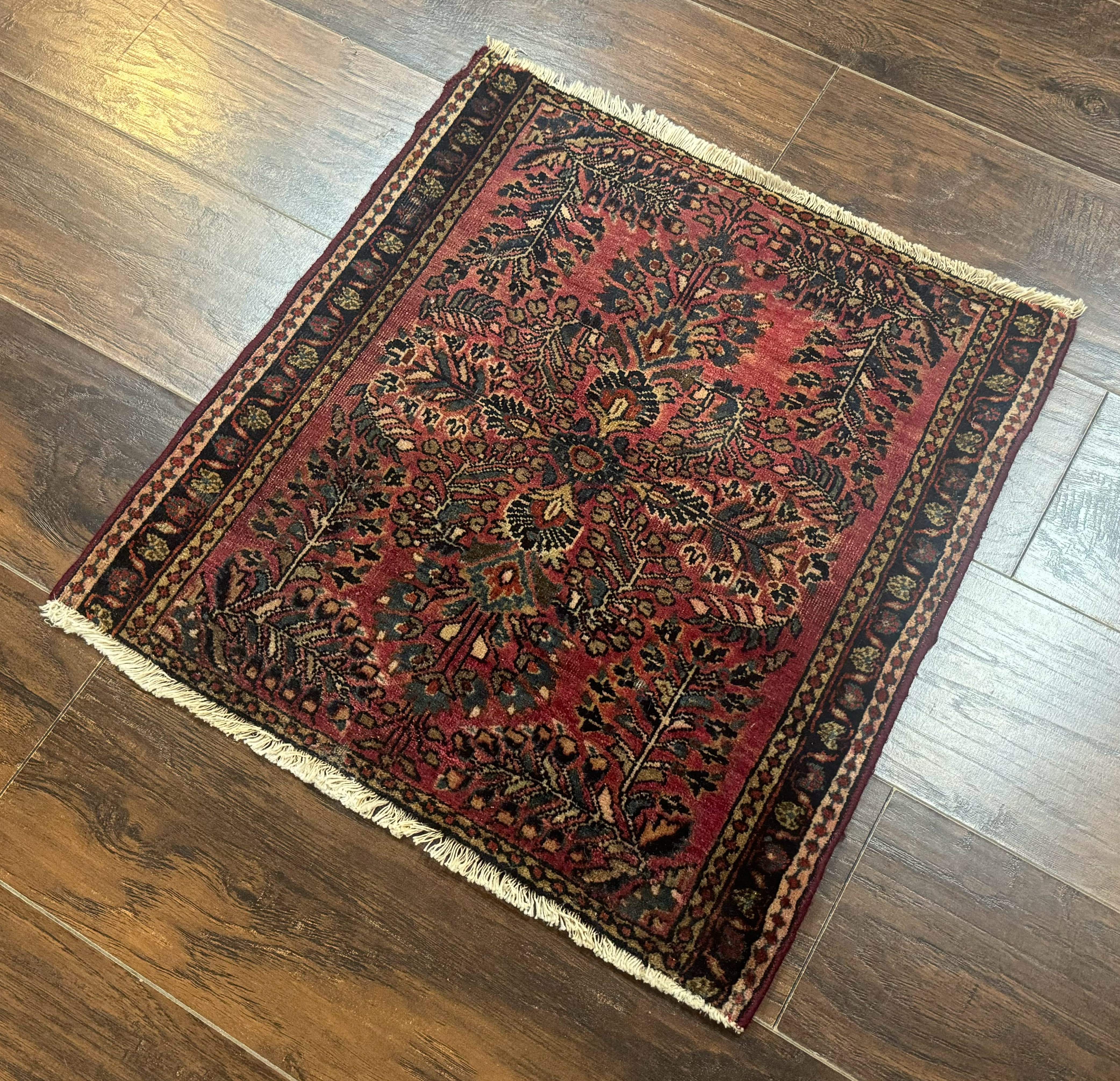 Persian Sarouk Rug 2x2, Small Antique Wool Scatter Rug, Red - Jewel Rugs