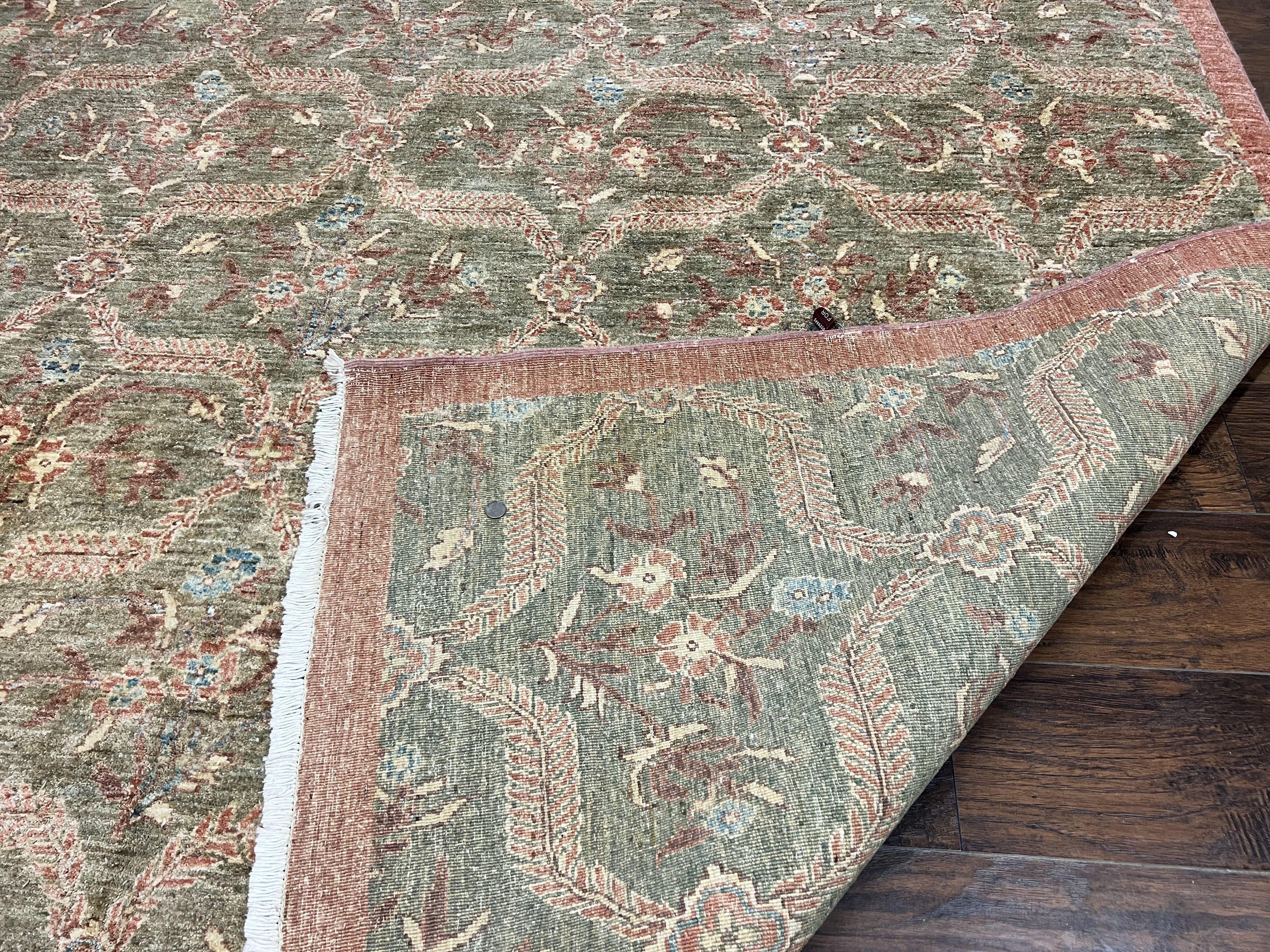 Large Modern Pakistani Rug 9x12, Handmade Wool Carpet, Peshawar Rug, Hand Knotted Oriental Rug, Contemporary, Floral, Light Green - Jewel Rugs