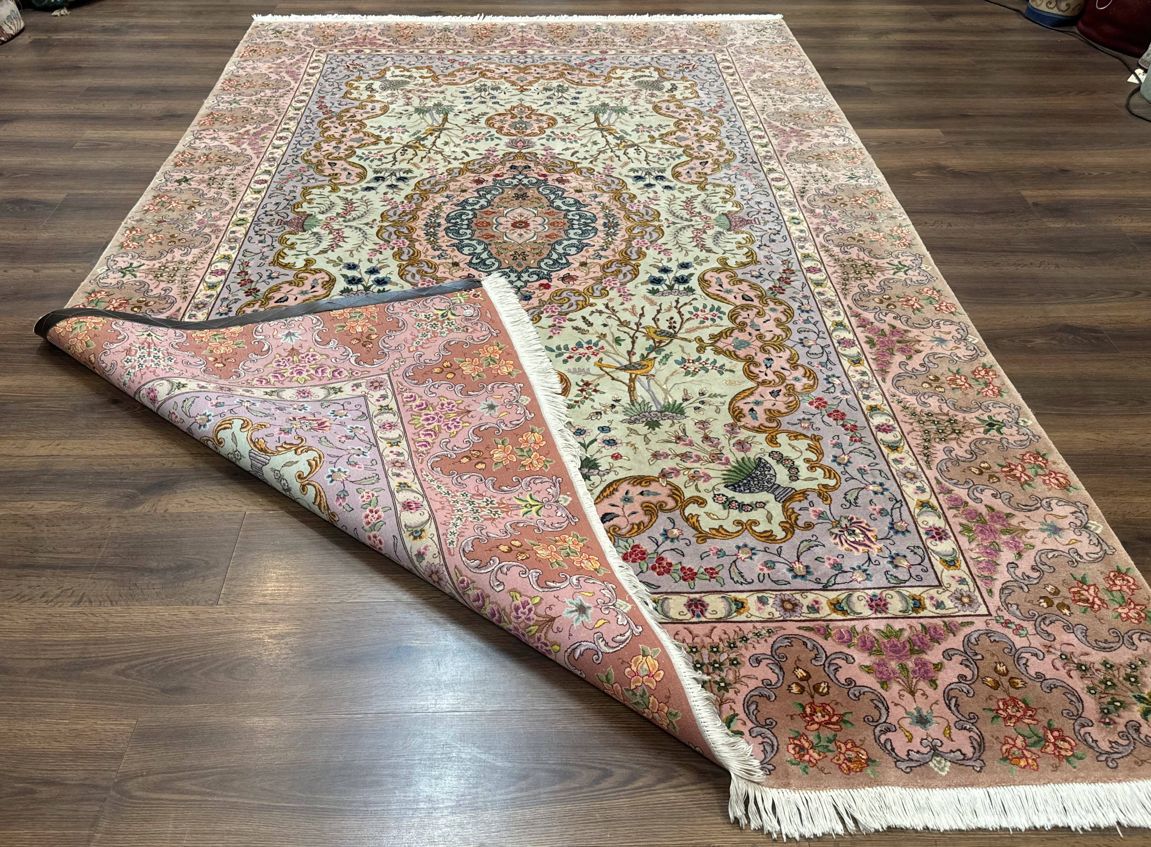 Wonderful Persian Tabriz Rug 7x10, Very Fine 330 KPSI, Light Green Light Blue Pink, Kork Wool Silk Foundation, Bird Pictorials - Jewel Rugs