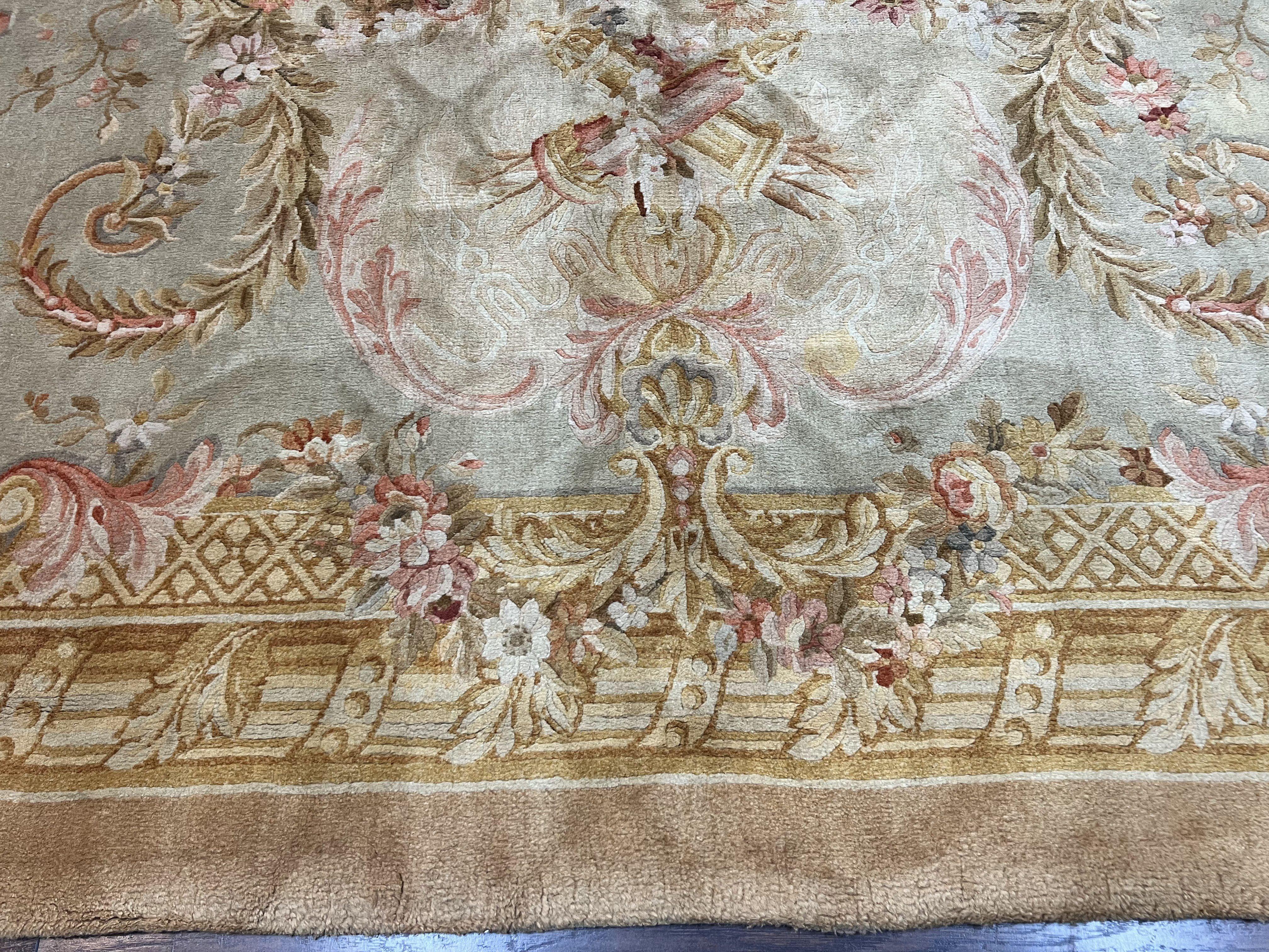 Aubusson Rug 9x12, Wool Hand Knotted Vintage Carpet, European Design, Elegant Room Sized Rug 9 x 12 - Jewel Rugs