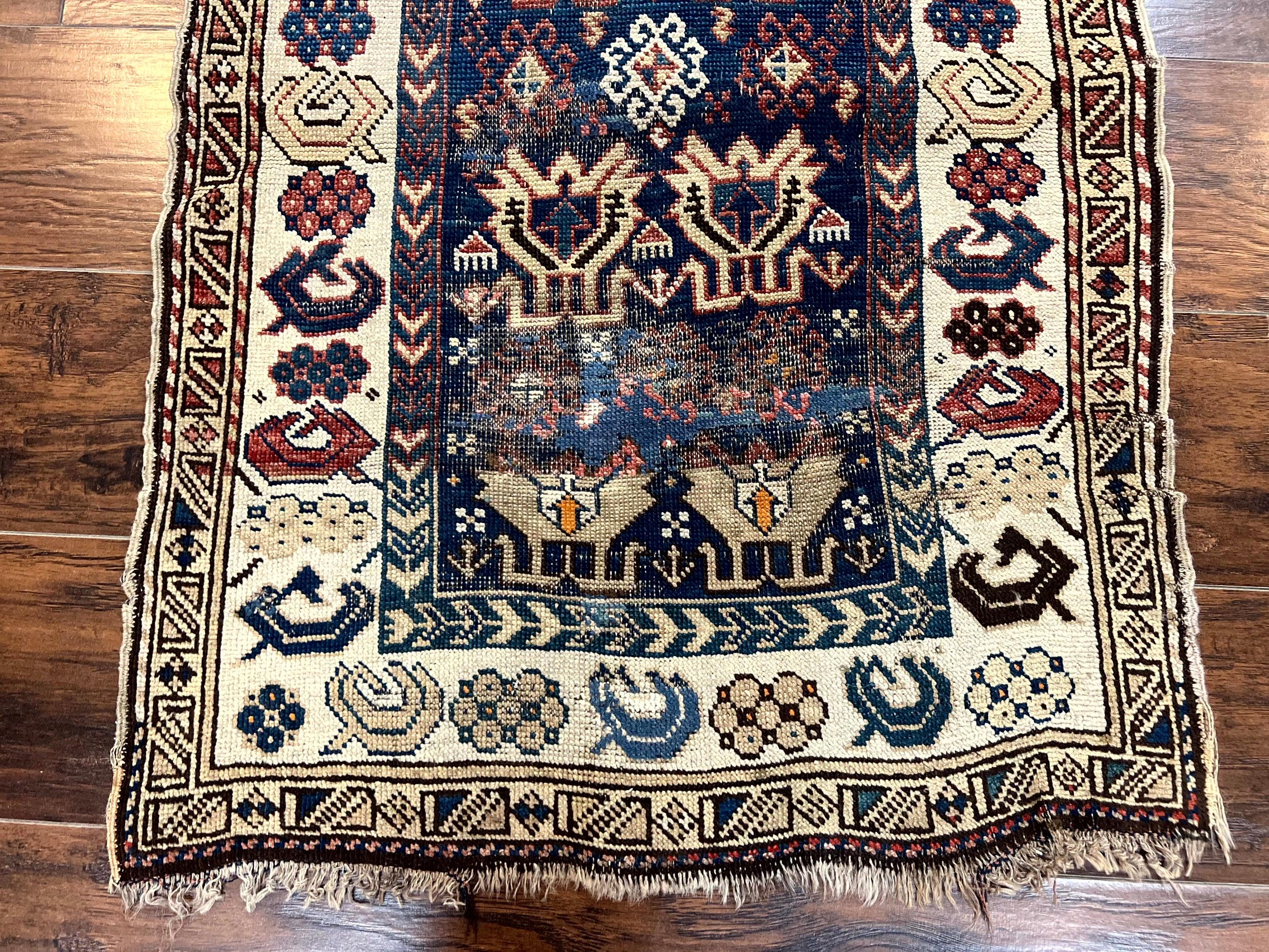 Antique Caucasian Kazak Rug 2.5 x 4, Navy Blue and Ivory, Hand Knotted Handmade Wool Rug - Jewel Rugs