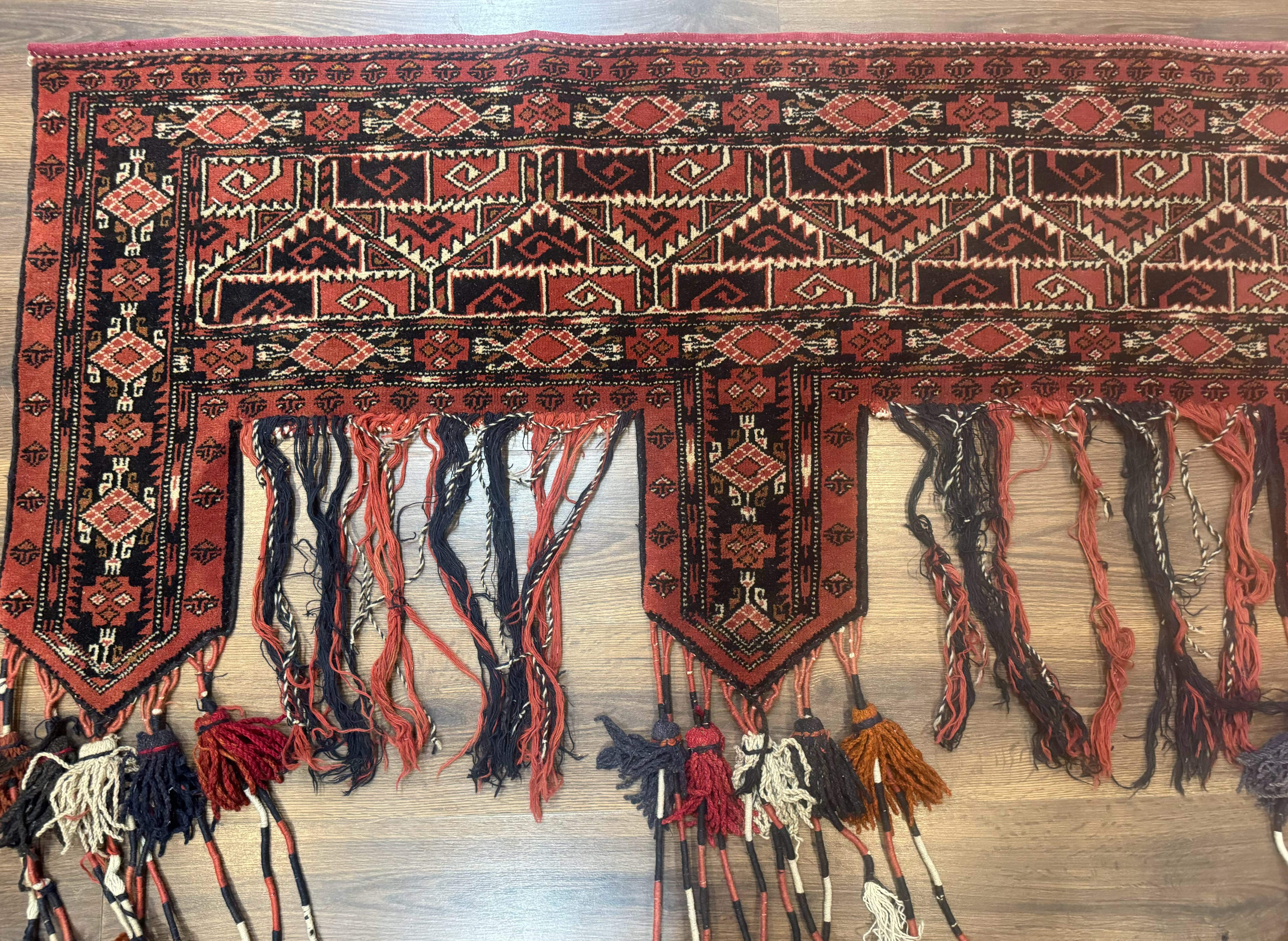Persian Turkoman Tribal Door Hanging, Tent Header, Wool, Handmade, Red Black, Tribal Collectible - Jewel Rugs