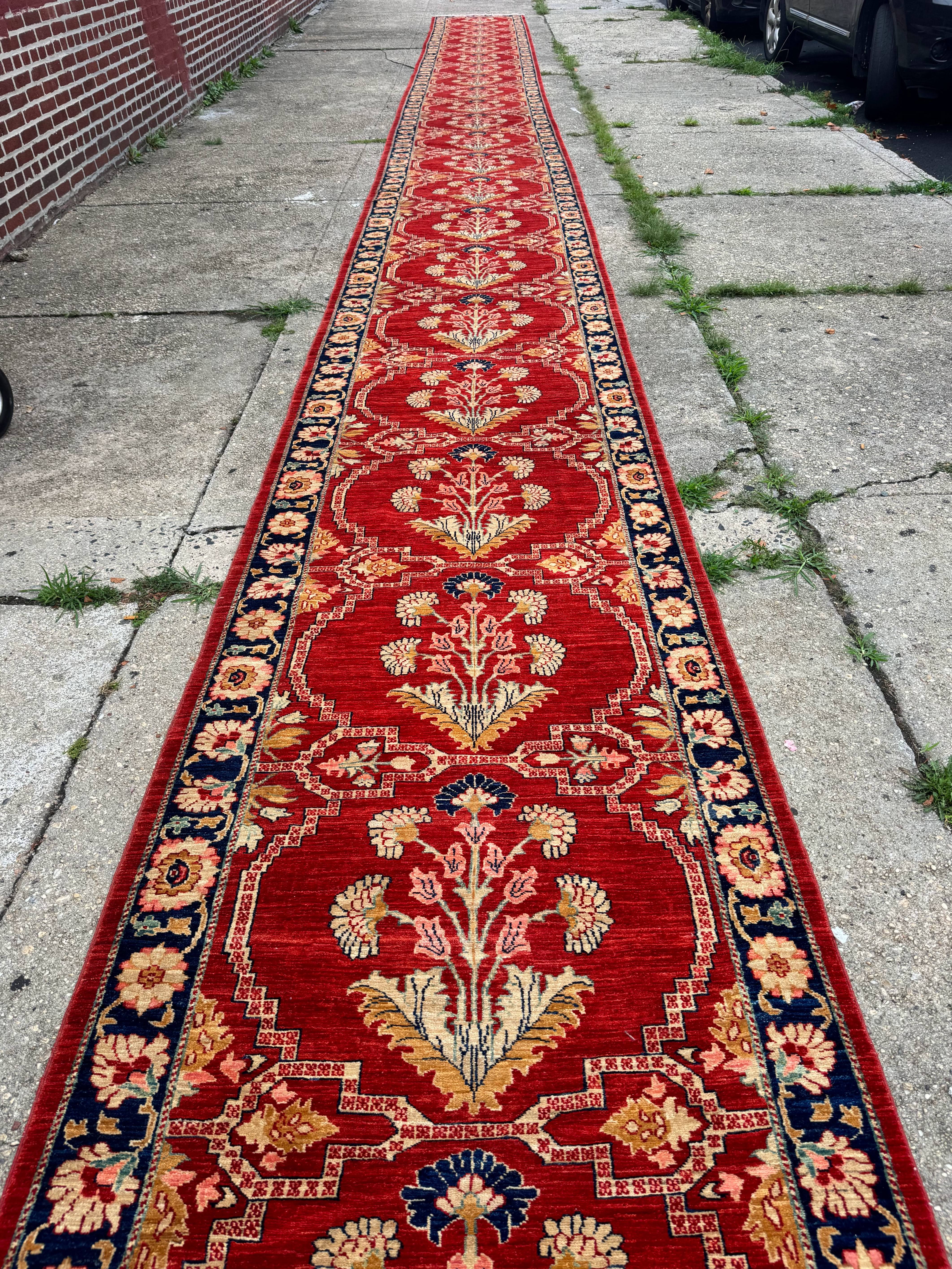 Rare Extra Long Runner Rug 3.9 x 50 ft, Handmade, Wool, Egyptian, Red, Floral, Custom Size - Jewel Rugs