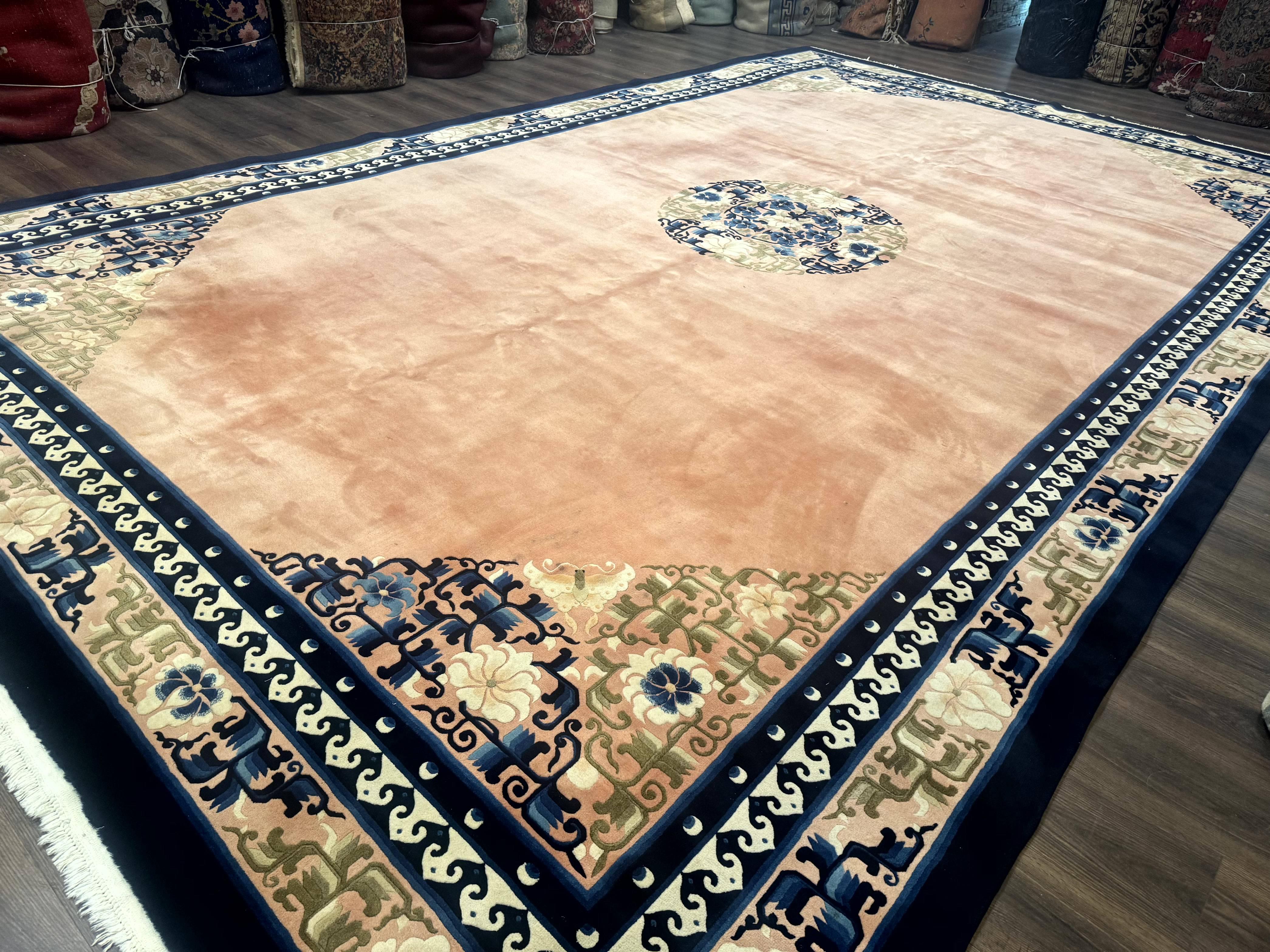 Chinese Wool Rug 11x18, Palace Sized Chinese Carpet, Peking Rug, Peach and Blue, Open Field, Simple Design, Art Deco Rug, Large Handmade Rug - Jewel Rugs