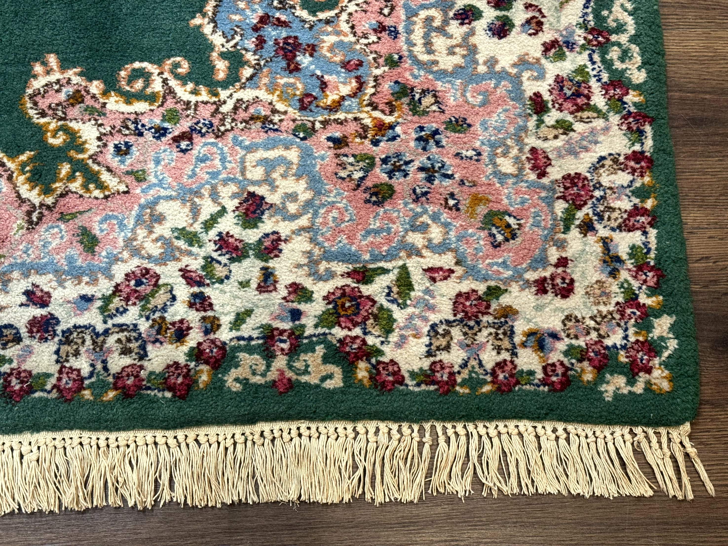 Persian Kerman Rug 4x6, Green Ivory Pink, Wool Vintage, Semi Open Field - Jewel Rugs