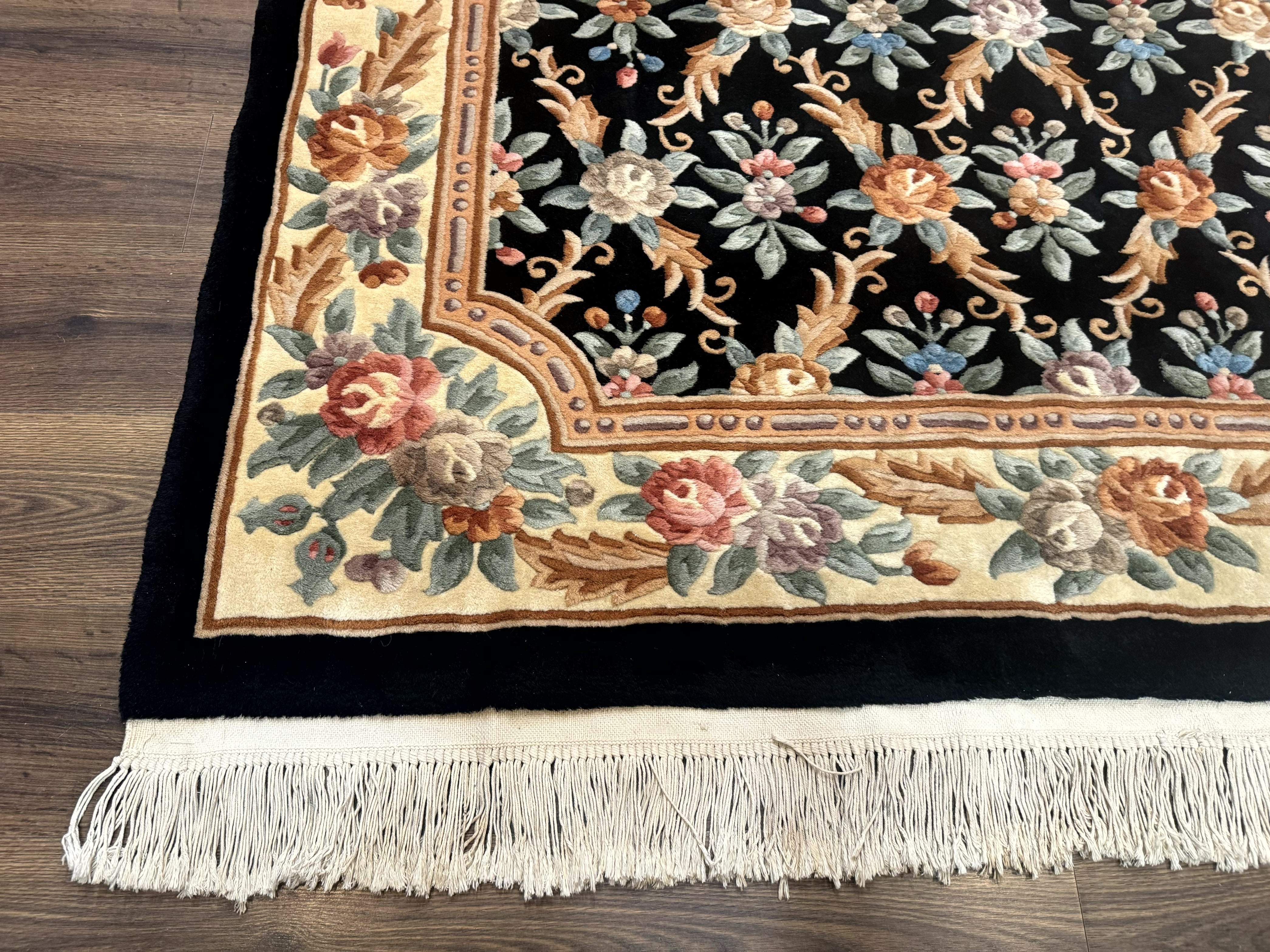Chinese Wool Rug 6x9, Floral Aubusson Carpet, Black and Cream, 90 Line Rug - Jewel Rugs