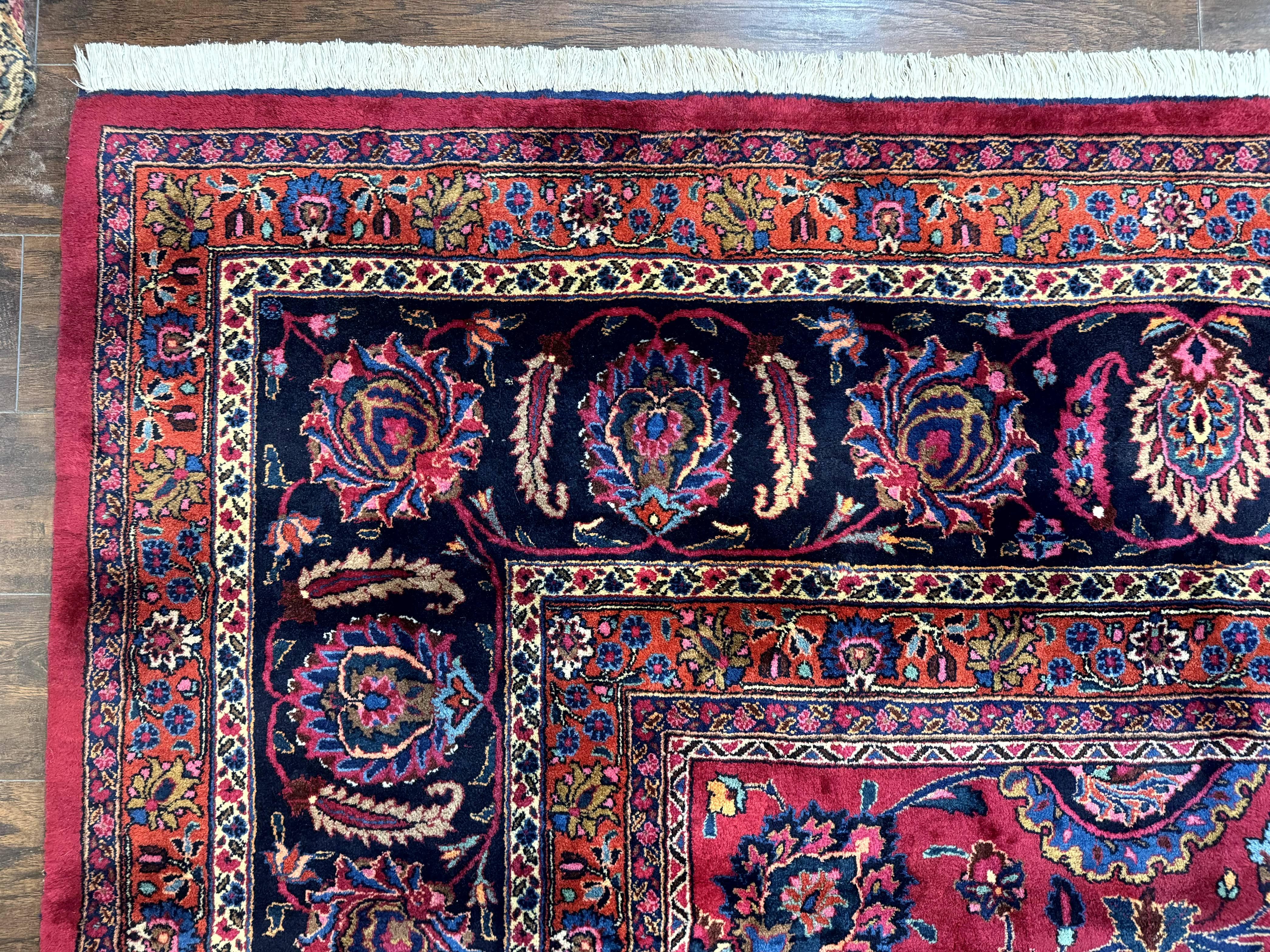 Palace Size Persian Mashad Rug 12x16, Raspberry and Navy Blue, Signature from Master Weaver, Antique Handmade Large Wool Carpet - Jewel Rugs
