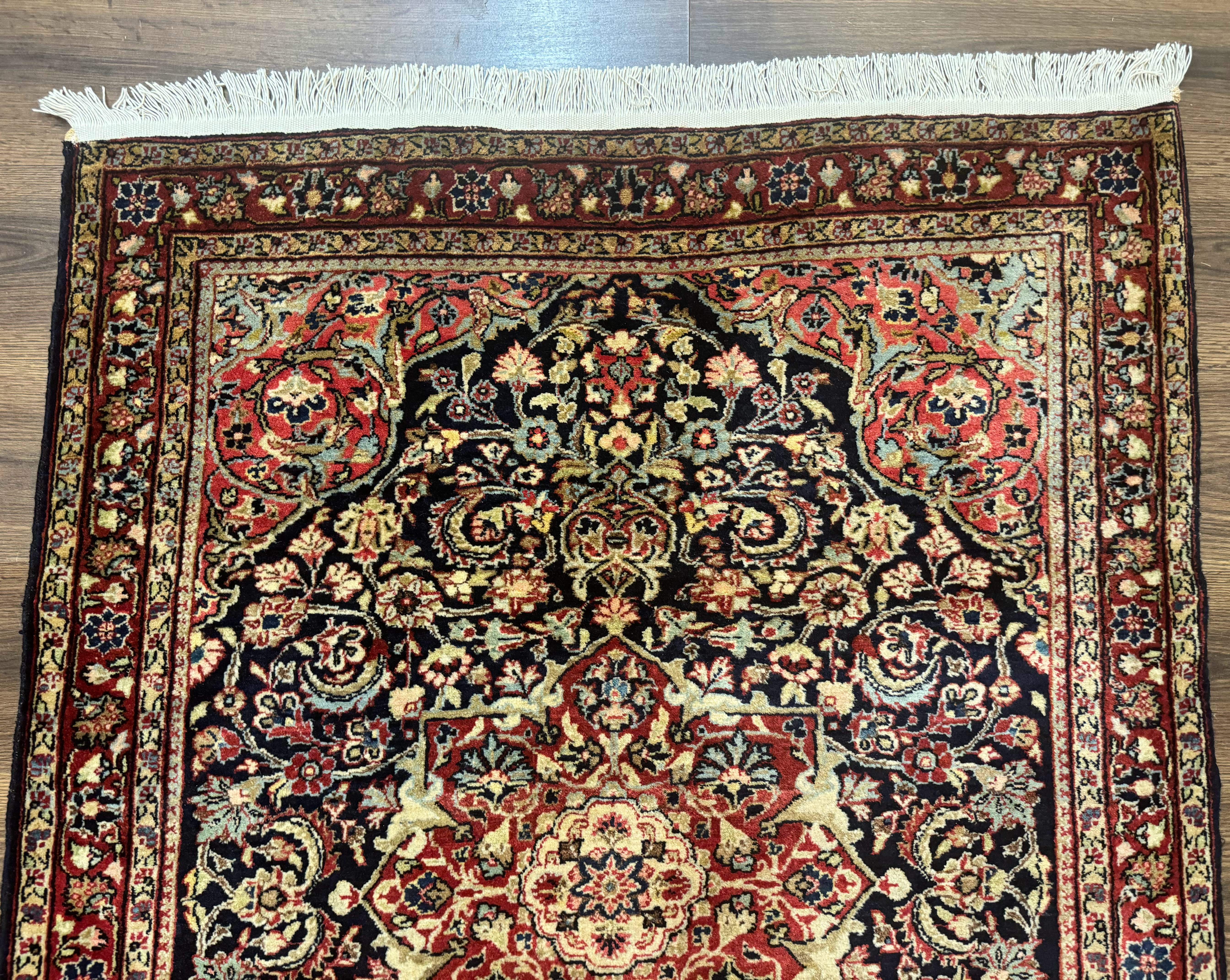 Antique Persian Sarouk Rug 4x5, Dark Blue and Red, Floral Medallion, Fine - Jewel Rugs