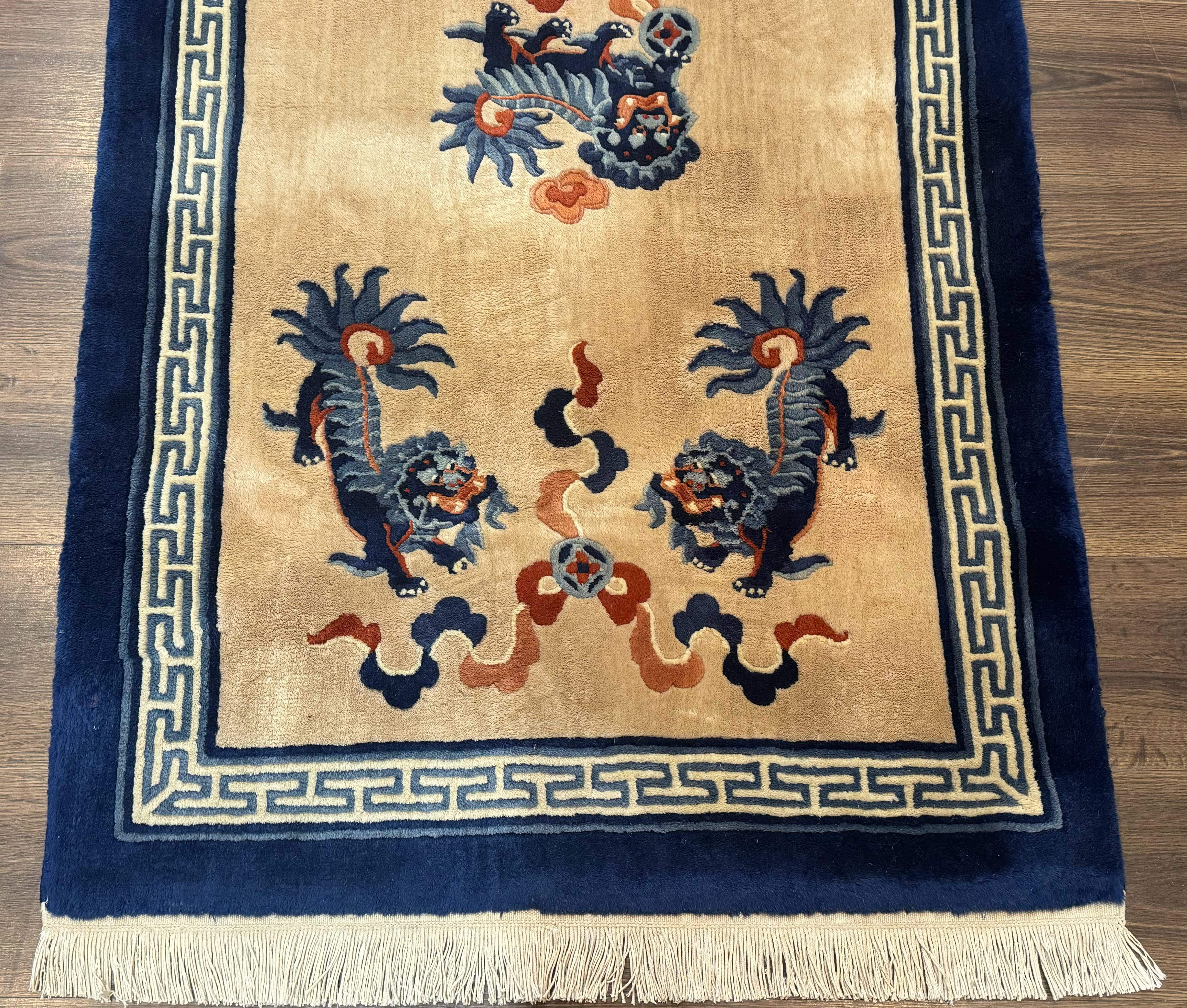 Chinese Peking Rug 3x5, Dragons, Beige and Blue, Wool Chinese Carpet - Jewel Rugs