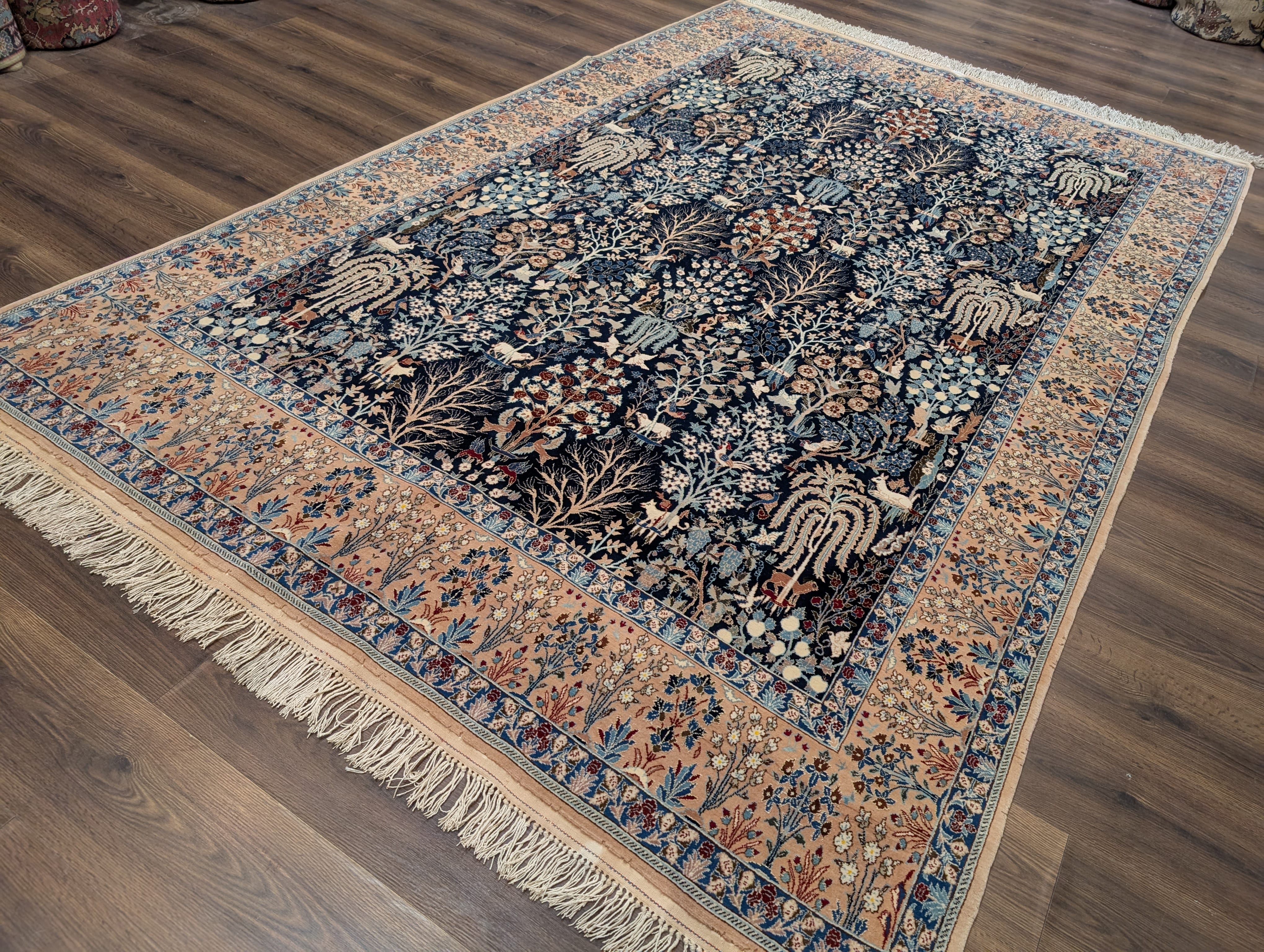 Persian Nain Rug 7x10, Rare Habibian Carpet, Tree of Life, Animal Pictorials, Wool & Silk Highlights, 380 KPSI - Jewel Rugs