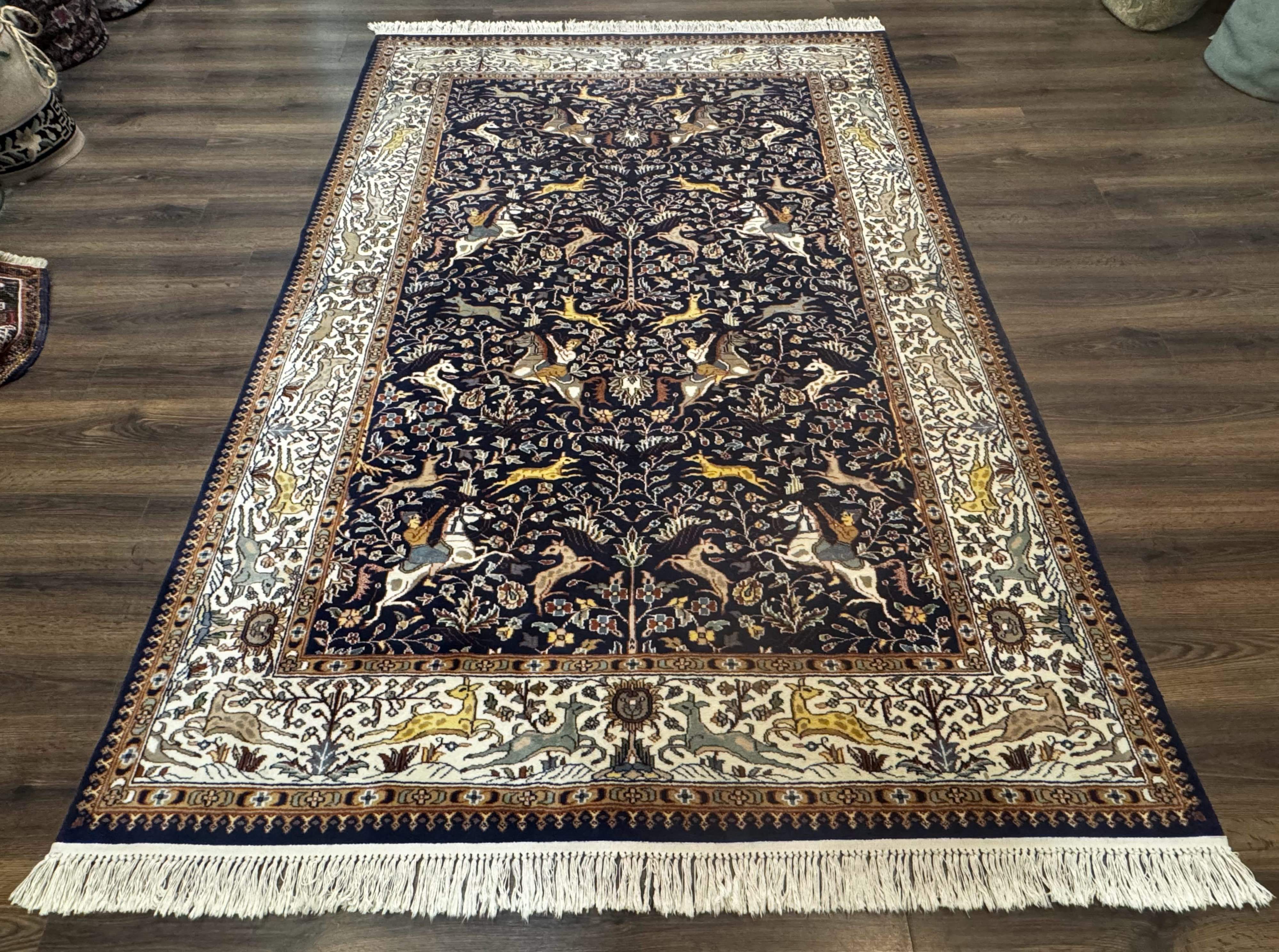 Indian Kashmiri Rug 6x9, Navy Blue and Ivory, Tree of Life, Hunting Design, Animal Pictorials, Horse Deer - Jewel Rugs