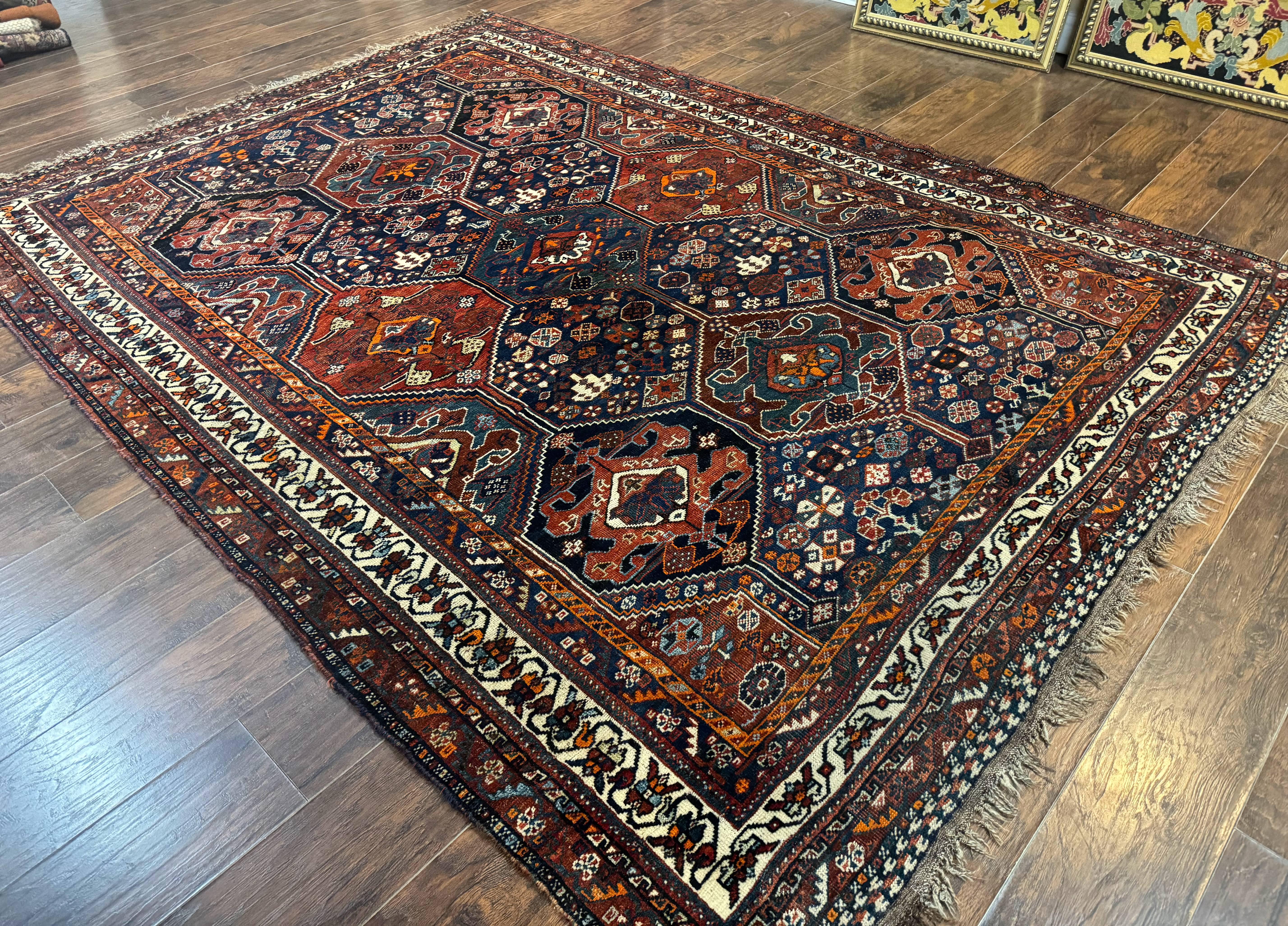 Persian Tribal Rug 7x10, Panel Design, Wool on Wool, Dark Blue, Antique Persian Carpet, Persian Shiraz Rug - Jewel Rugs