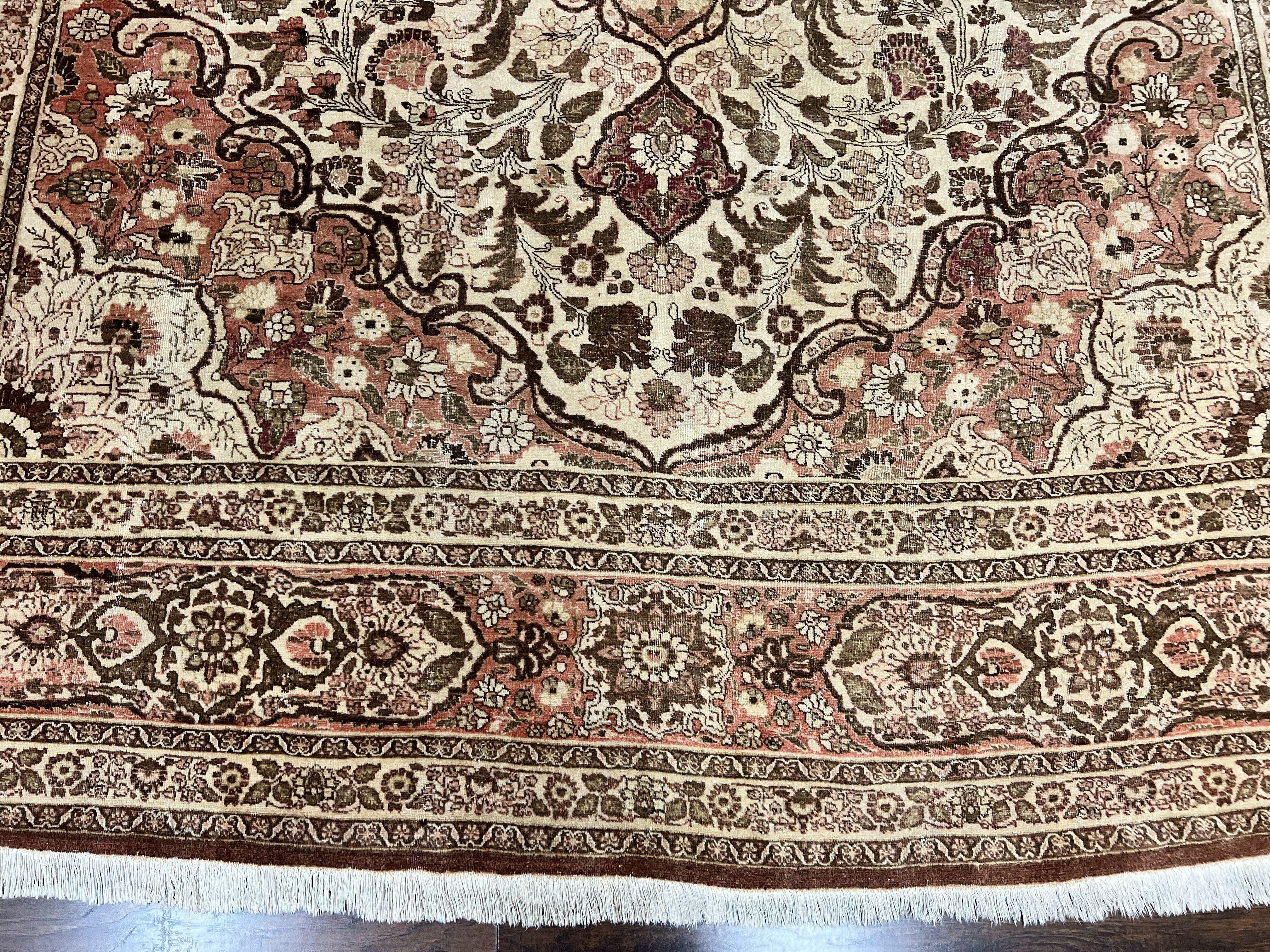 Antique Persian Tabriz Rug 10x12, Wool Hand Knotted Oriental Carpet, Beige Light Red, Floral Medallion - Jewel Rugs