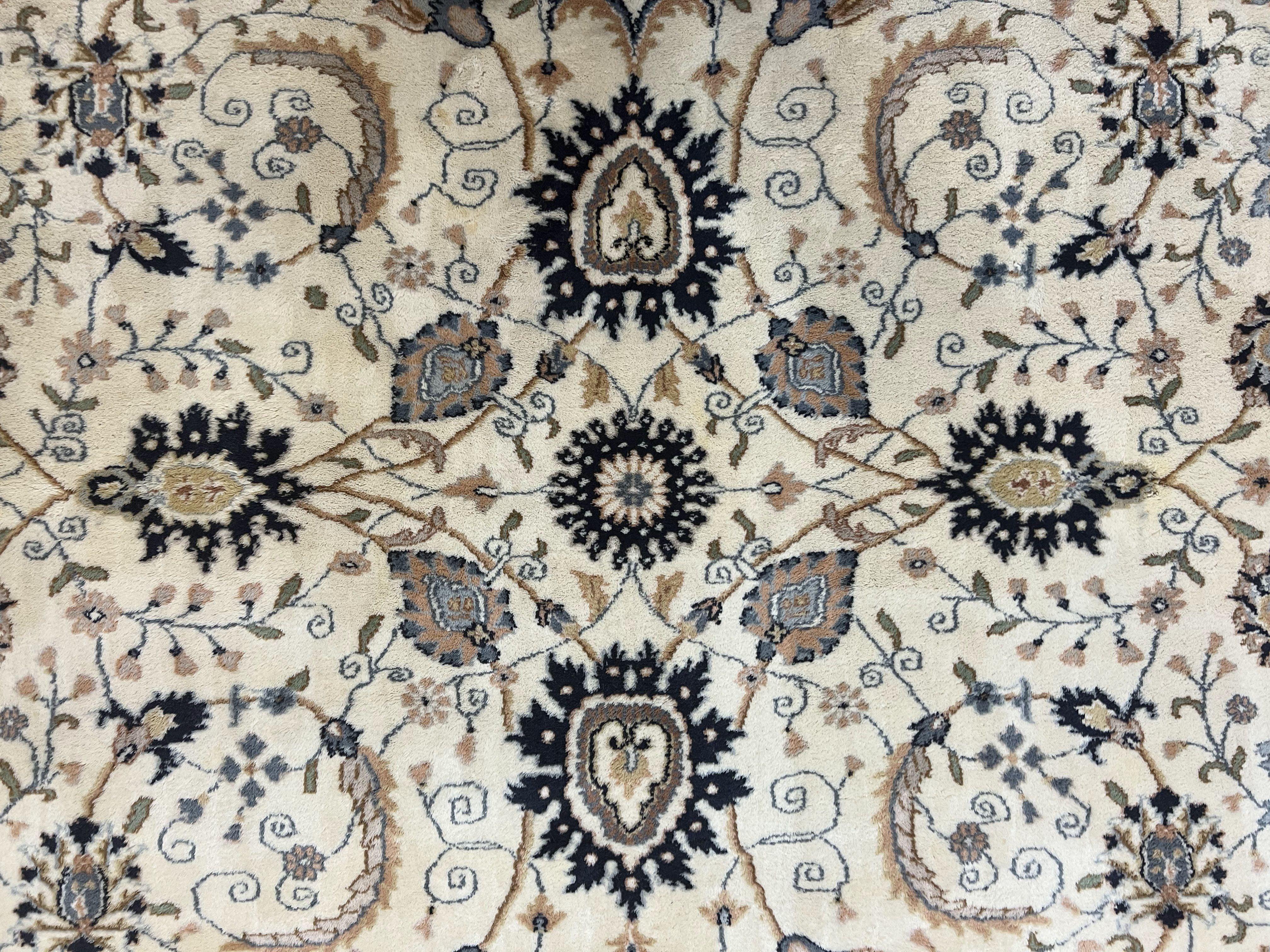 Indo Persian Rug 10x14, Floral Allover, Ivory and Light Gray, Handmade Vintage Wool Large Carpet - Jewel Rugs