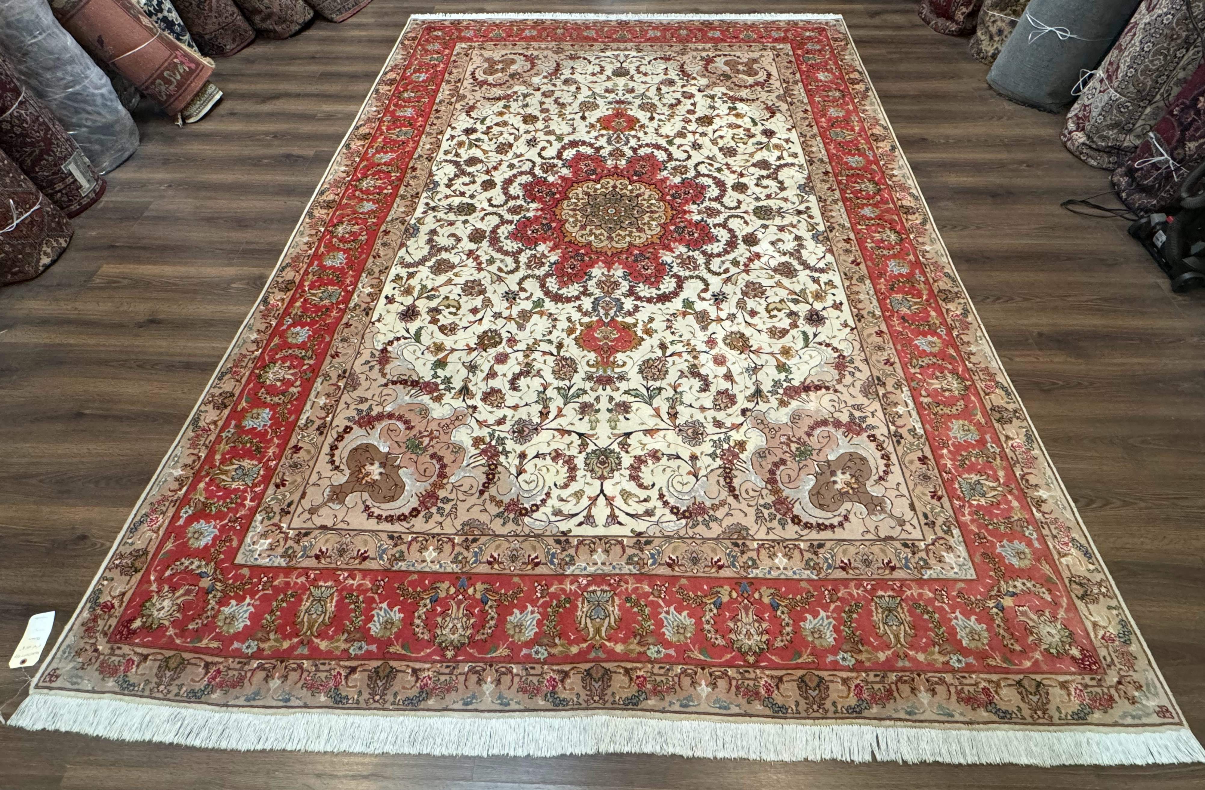 Persian Tabriz Rug 8x12 – Ivory and Coral Red, Hand-Knotted Wool Fine Carpet - Jewel Rugs