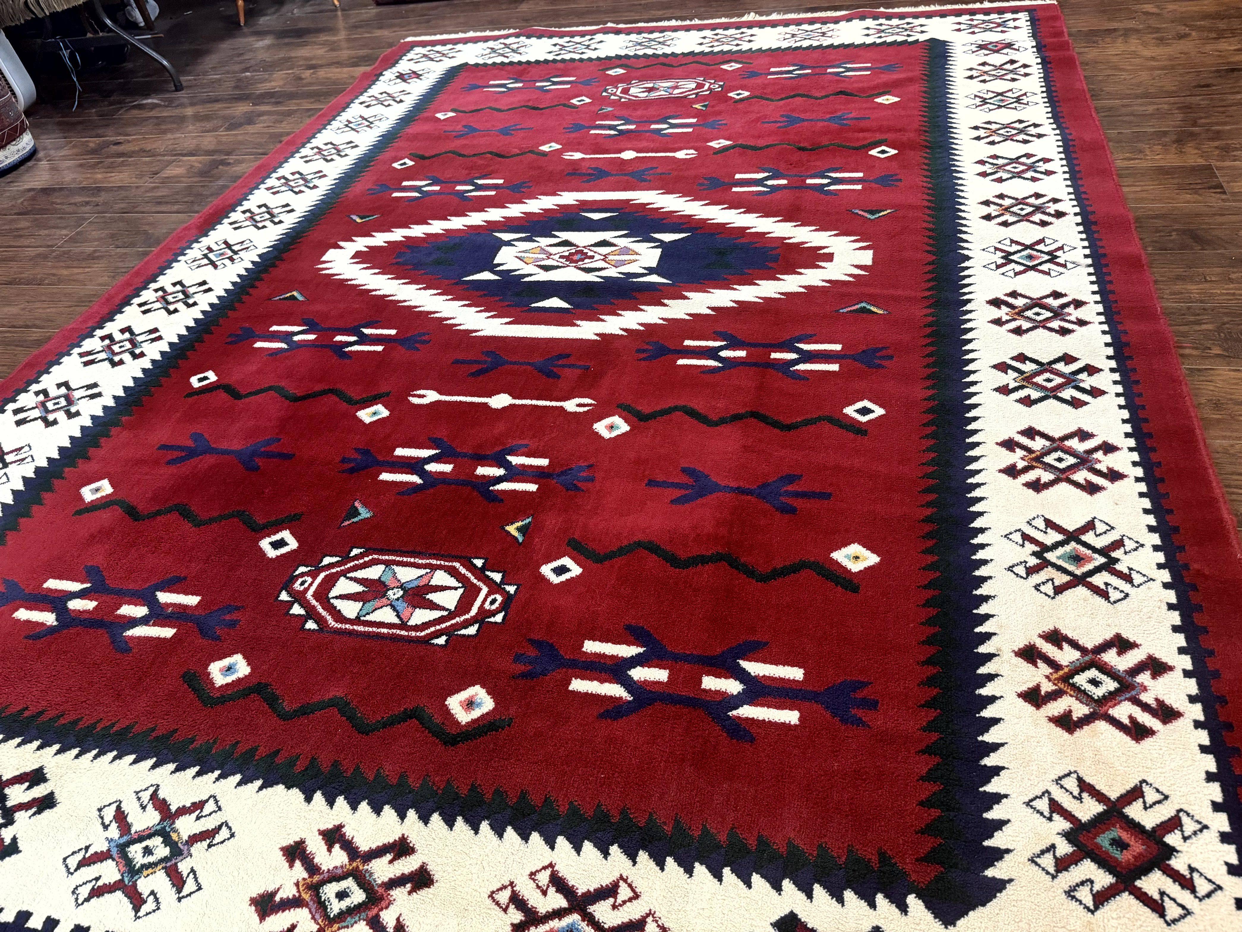 Belgium Power Loomed Rug 8x11, Navajo Native American Design, Dark Red and Ivory, Tribal Rug, Bohemian Carpet - Jewel Rugs
