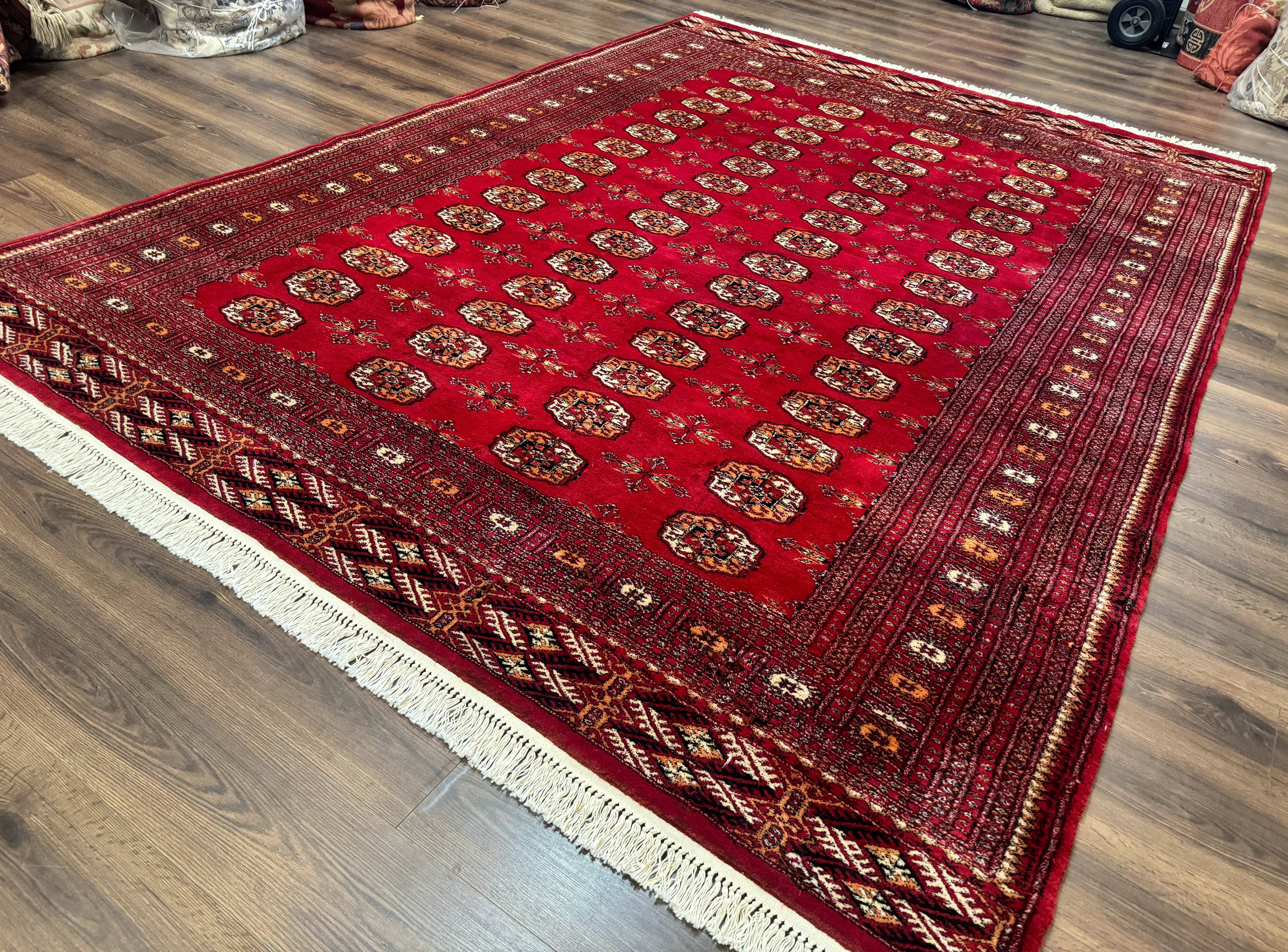 Red Turkoman Bokhara Rug 8x11, Pakistani Turkmen Carpet, Vintage Traditional Area Rug - Jewel Rugs